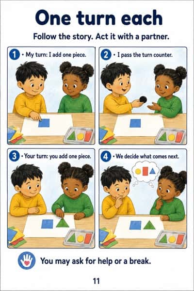 A four-panel story showing partners adding a shape and passing a turn counter.