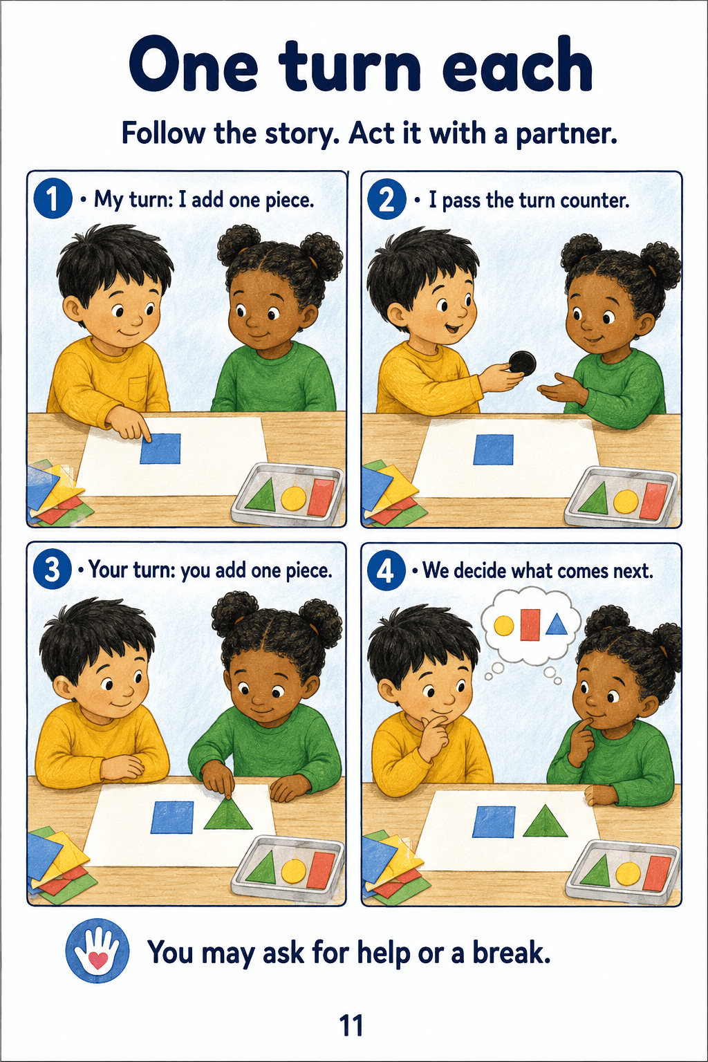 A four-panel story showing partners adding a shape and passing a turn counter.