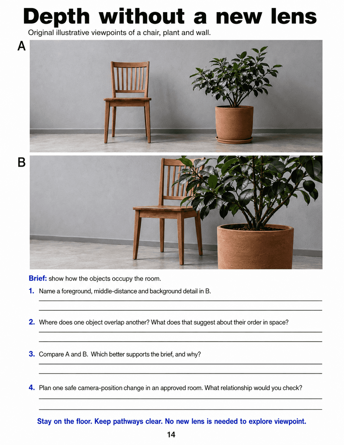 Compare two room viewpoints, identify spatial layers and overlaps, and plan a camera-position change using existing equipment.