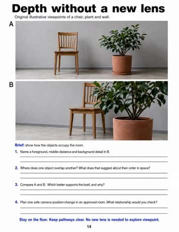 Compare two room viewpoints, identify spatial layers and overlaps, and plan a camera-position change using existing equipment.