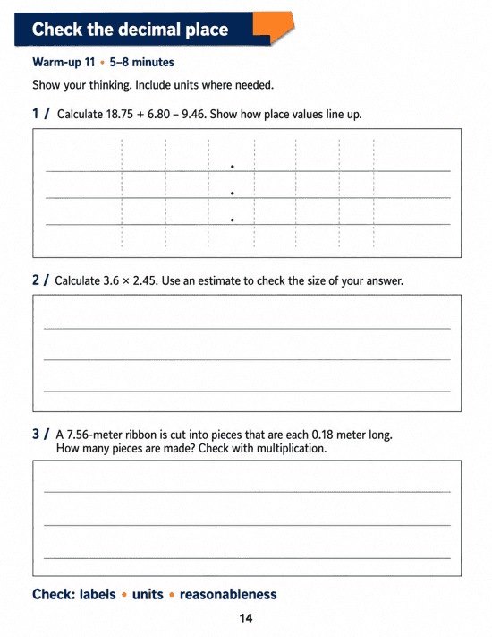 Check the decimal place: Grade 6 math warm-up. Complete decimal addition and subtraction, multiplication and division tasks, showing calculations and checking reasonableness. Includes three numbered tasks and space to explain reasoning.