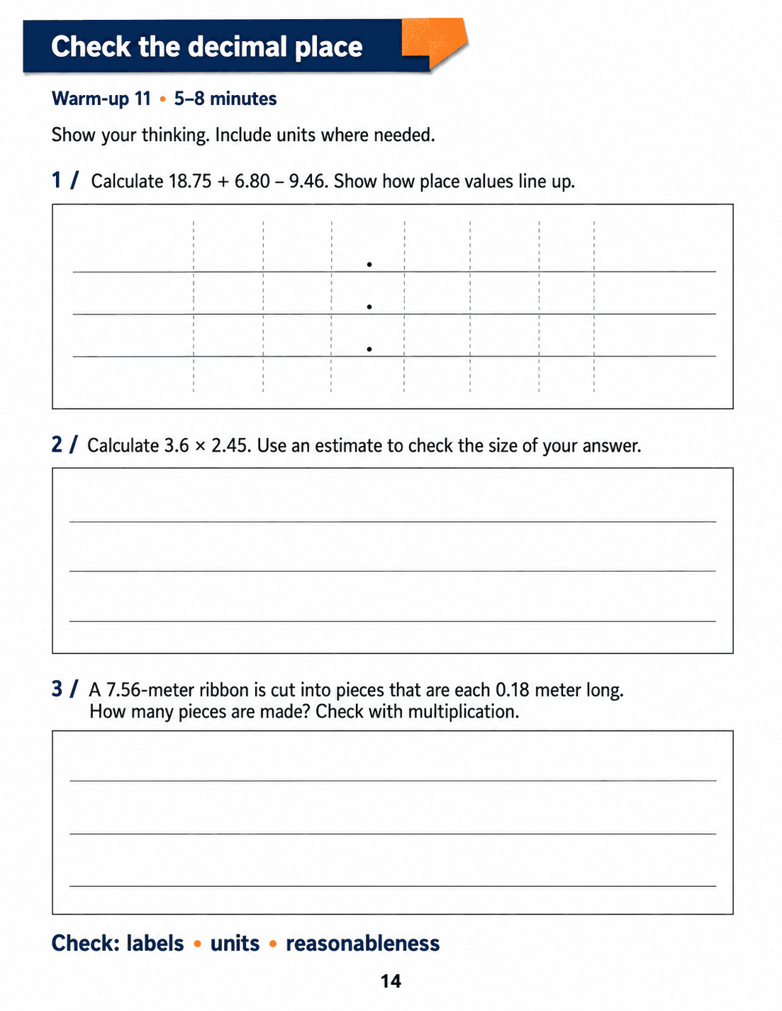 Check the decimal place: Grade 6 math warm-up. Complete decimal addition and subtraction, multiplication and division tasks, showing calculations and checking reasonableness. Includes three numbered tasks and space to explain reasoning.