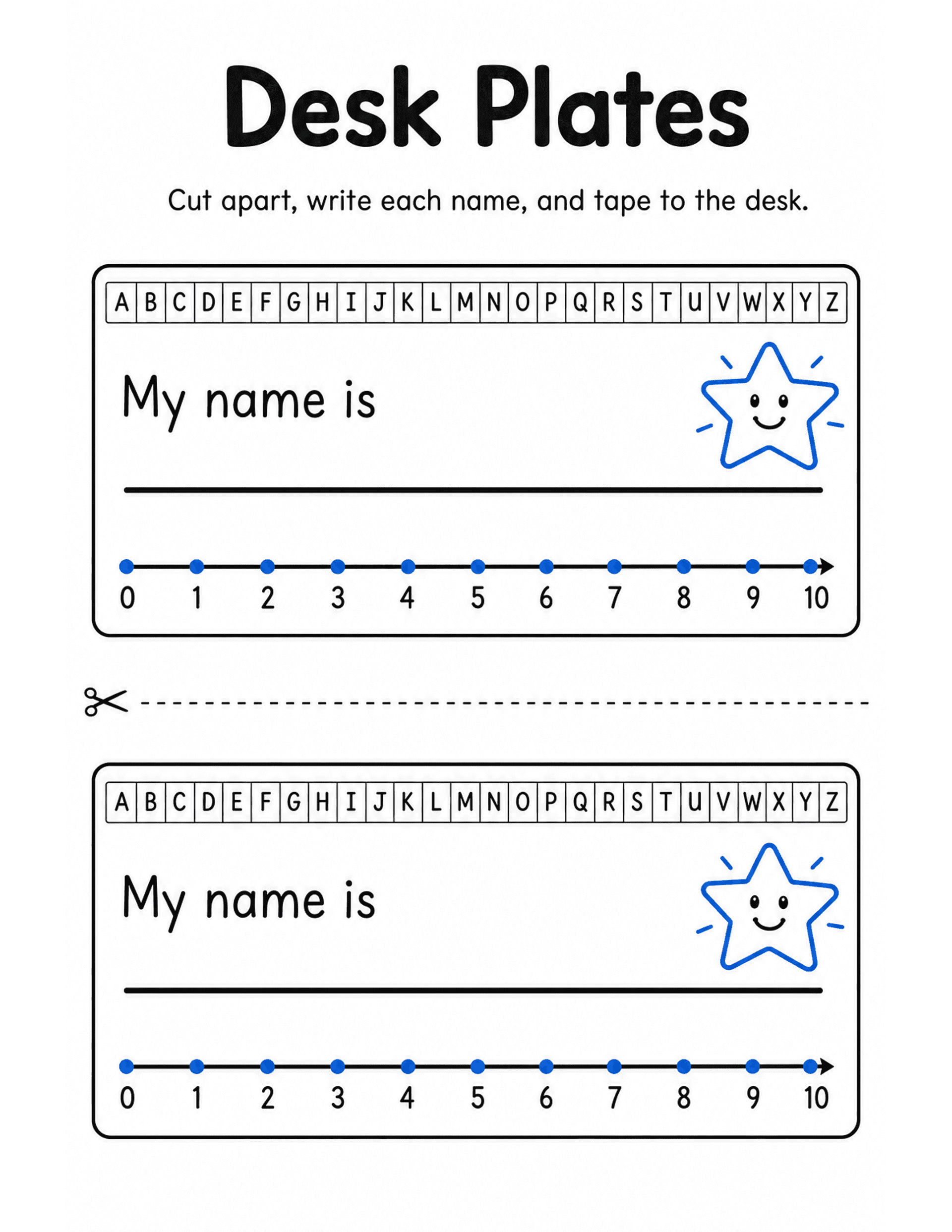 US Letter K-2 printable: Desk Plates. Two desk name plates per page with alphabet strip and number line.