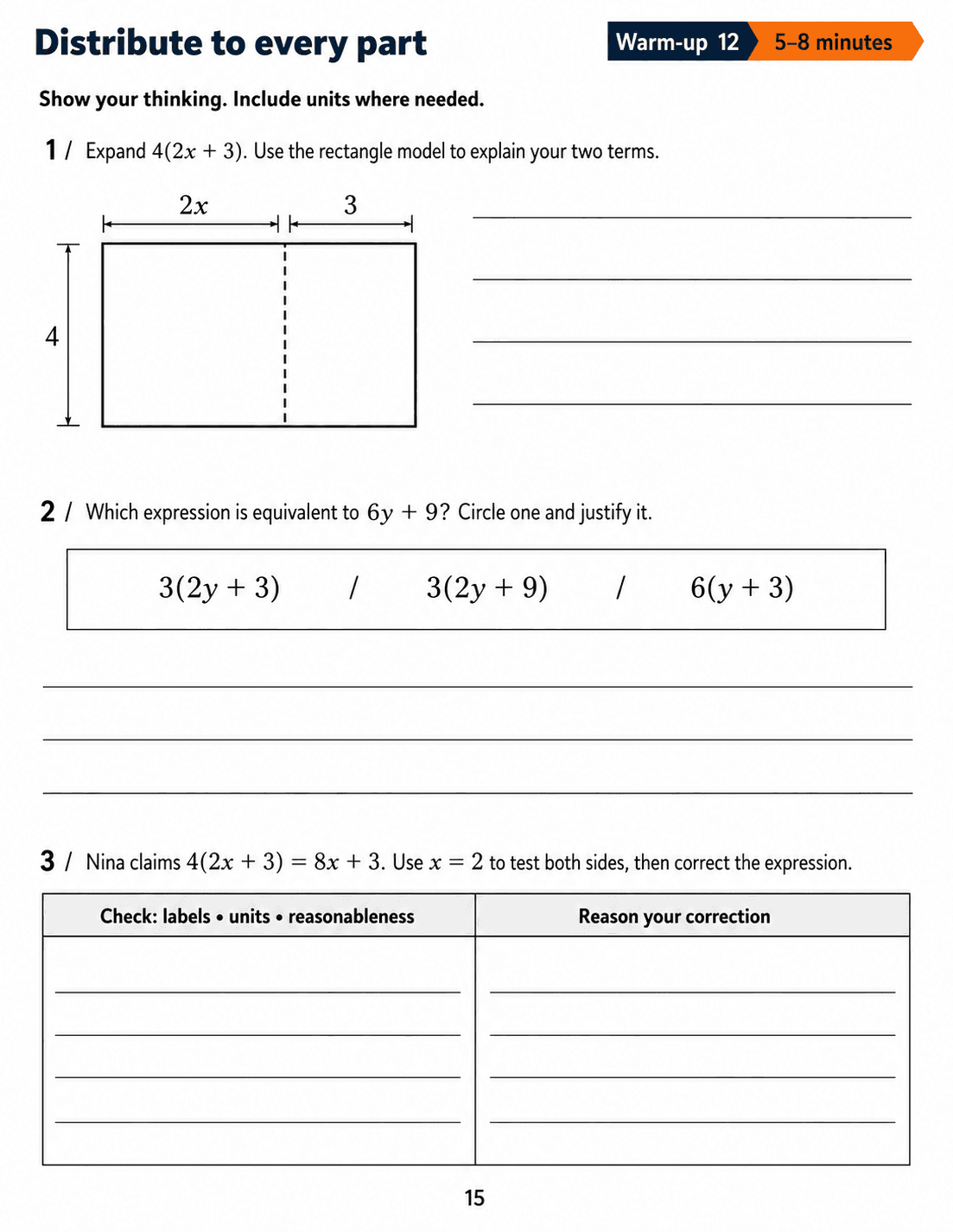 Distribute to every part: Grade 6 math warm-up. Expand an expression, factor a sum and use a supplied value to diagnose an incorrect distribution. Includes three numbered tasks and space to explain reasoning.