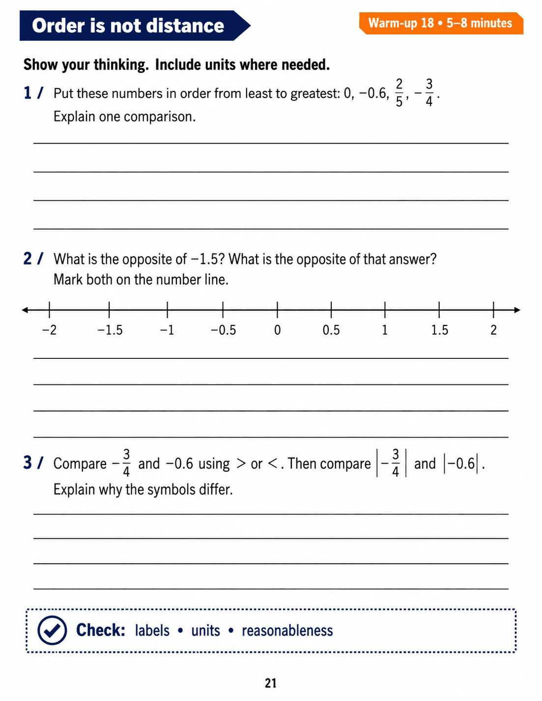 Order is not distance: Grade 6 math warm-up. Sort a mixed list of fractions and decimals, locate an opposite and compare negative numbers with their distances from zero. Includes three numbered tasks and space to explain reasoning.