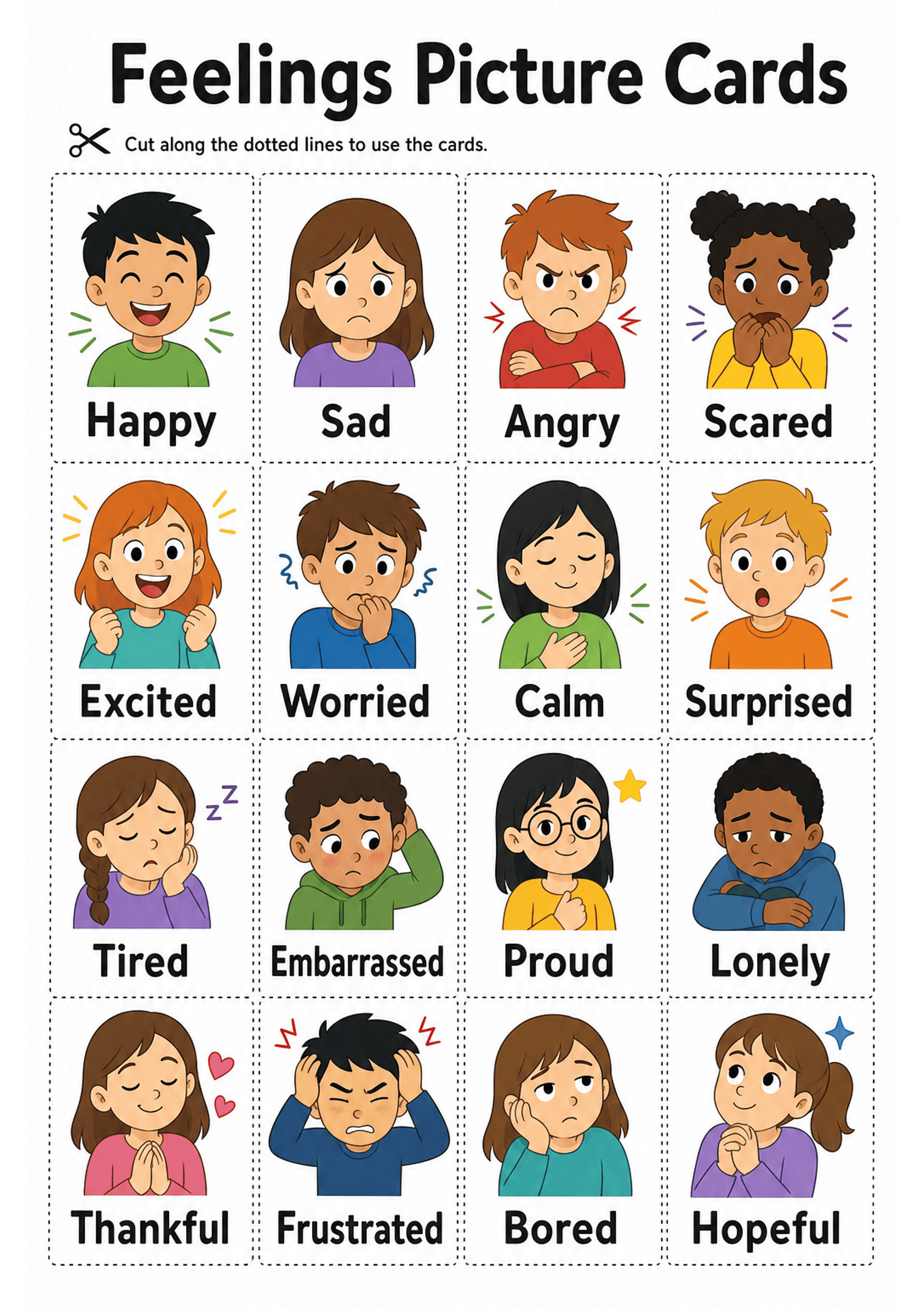 Feelings Picture Cards: A4 portrait title 'Feelings Picture Cards' at top, instruction 'Cut along the dotted lines to use the cards.' Below is a grid of rectangular cards separated by dotted cut lines; each card shows a coloured illustration of a child displaying an emotion and a single bold label beneath (examples: Happy, Sad, Angry, Scared, Excited, Worried, Calm, Surprised, Tired, Embarrassed, Proud, Lonely, Thankful, Frustrated, Bored, Hopeful). Images are large with minimal surrounding tex...