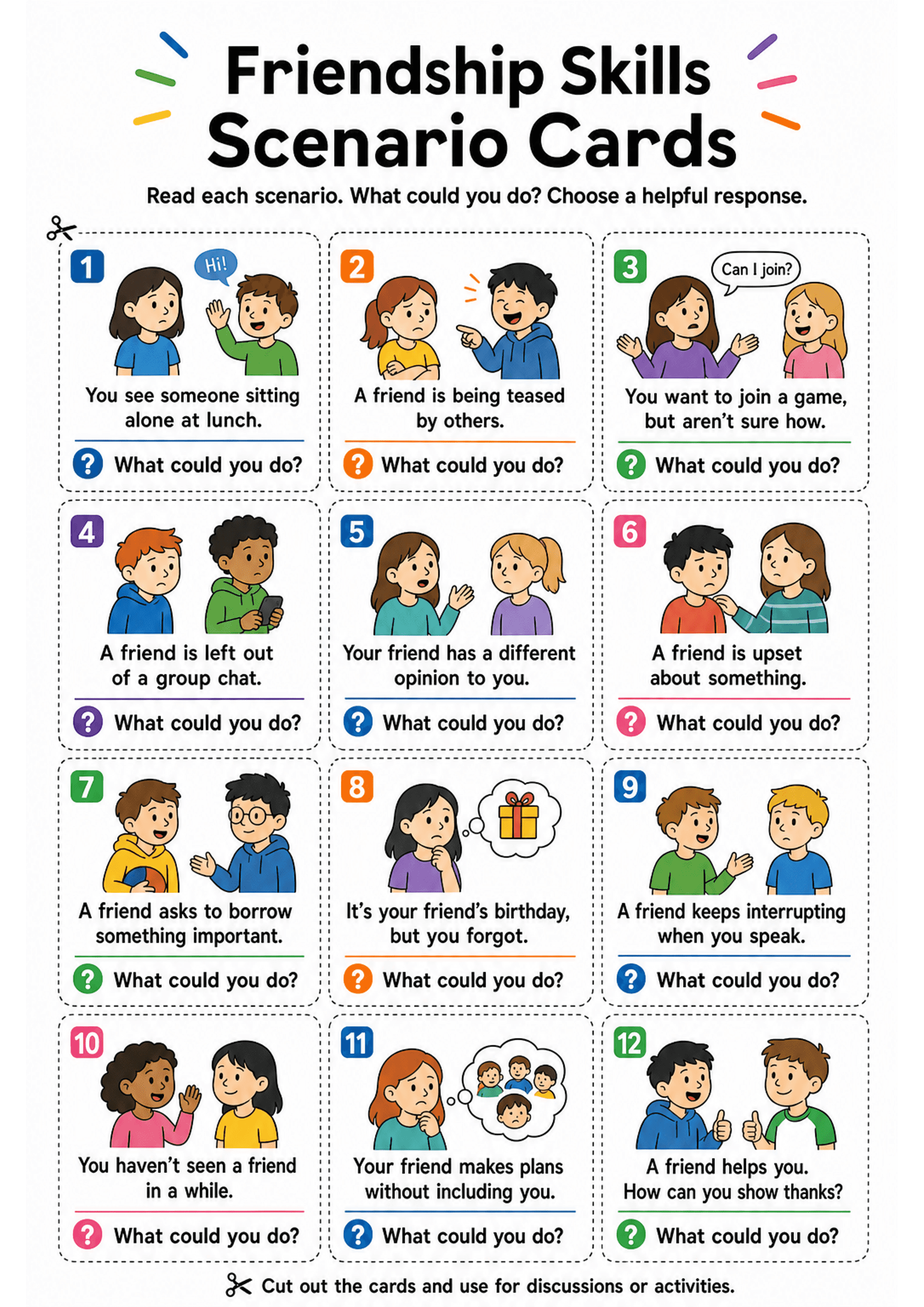 Friendship Skills Scenario Cards: Portrait A4 sheet with large title 'Friendship Skills Scenario Cards' and instruction 'Read each scenario. What could you do? Choose a helpful response.' Grid of 12 dotted, cut-out rectangles arranged in three columns x four rows; each card has a coloured numbered square (different colours), a simple cartoon of two or more children, a single short scenario sentence (e.g. 'You see someone sitting alone at lunch.'; 'A friend is being teased by others.'), and a sh...