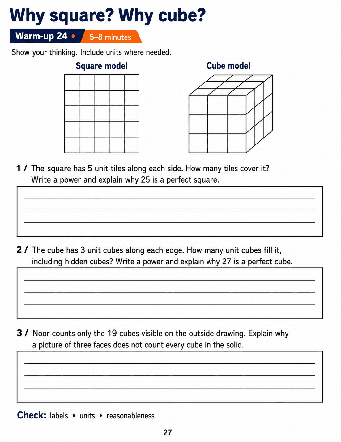 Why square? Why cube?: Grade 6 math warm-up. Calculate square area and cube volume, then explain why a three-face view omits hidden cubes. Includes three numbered tasks and space to explain reasoning.