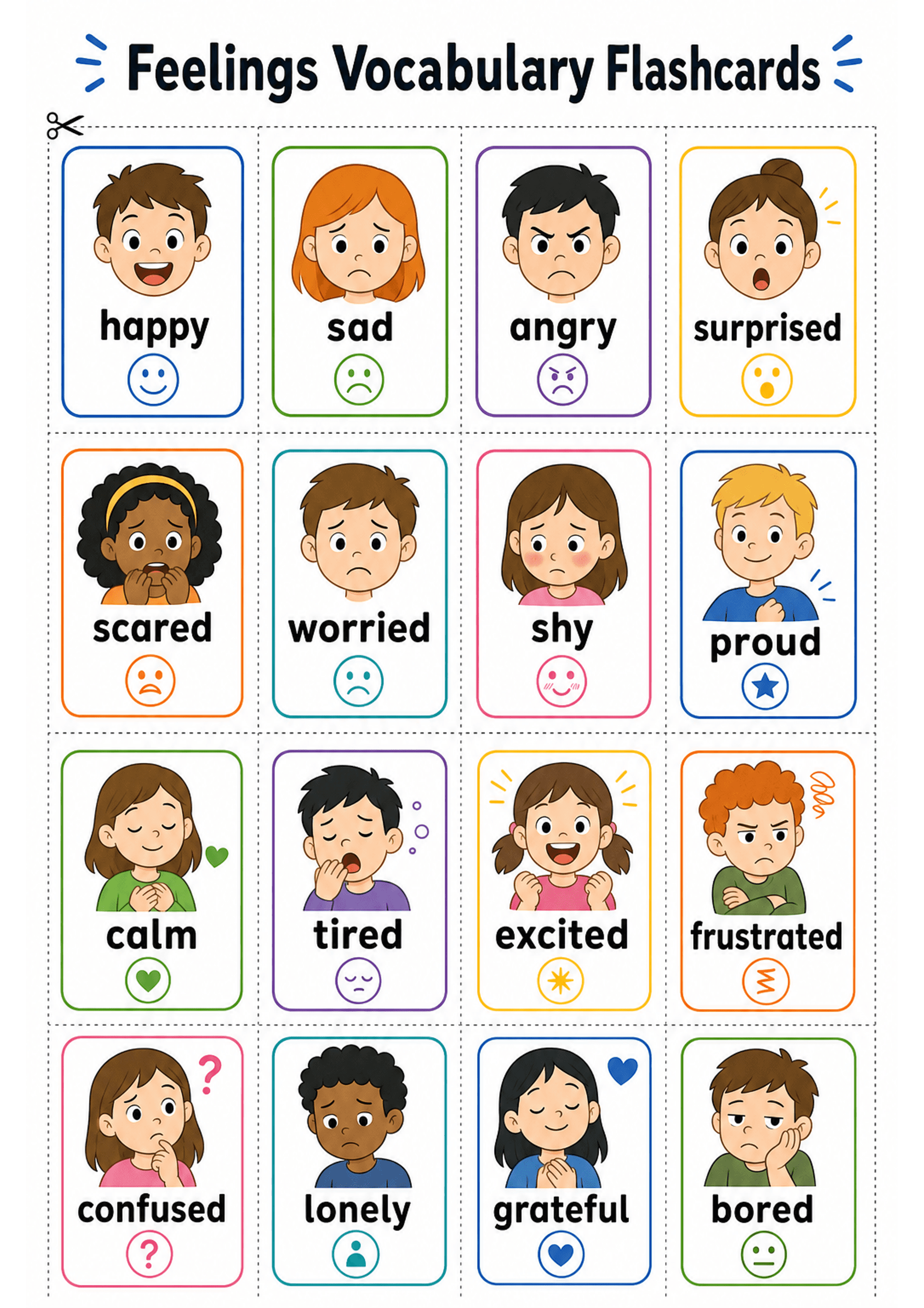 Feelings Vocabulary Flashcards: A4 portrait page with large title 'Feelings Vocabulary Flashcards' at top, a grid of rectangular cards with dotted cut lines. Each card shows a coloured border, an illustrated child face, one large lowercase feeling word beneath the picture, and a small simple icon (smiley, star, heart, question mark etc.) in a circle at the bottom. Cards are low-text, one word each, evenly spaced for cutting.