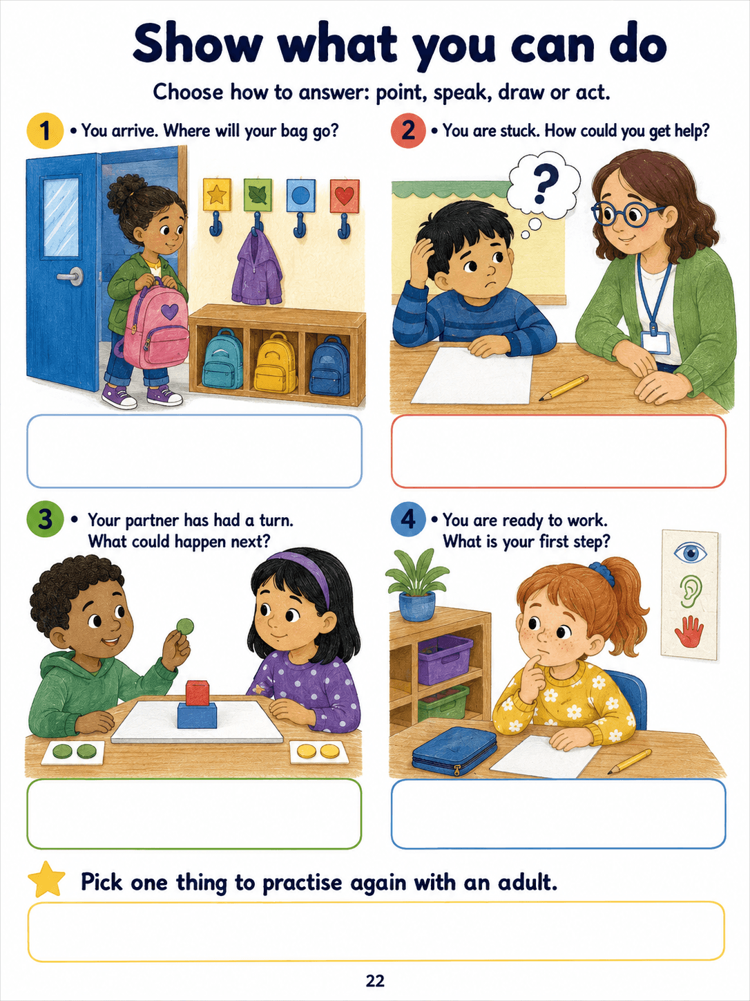 Four classroom scenarios with optional blank response spaces.