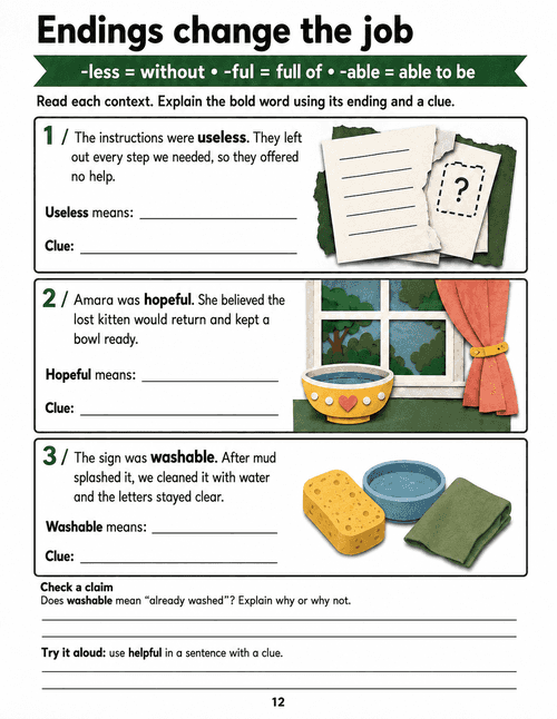 Instructions, a hopeful child looking outside and a washable sign accompany suffix questions.