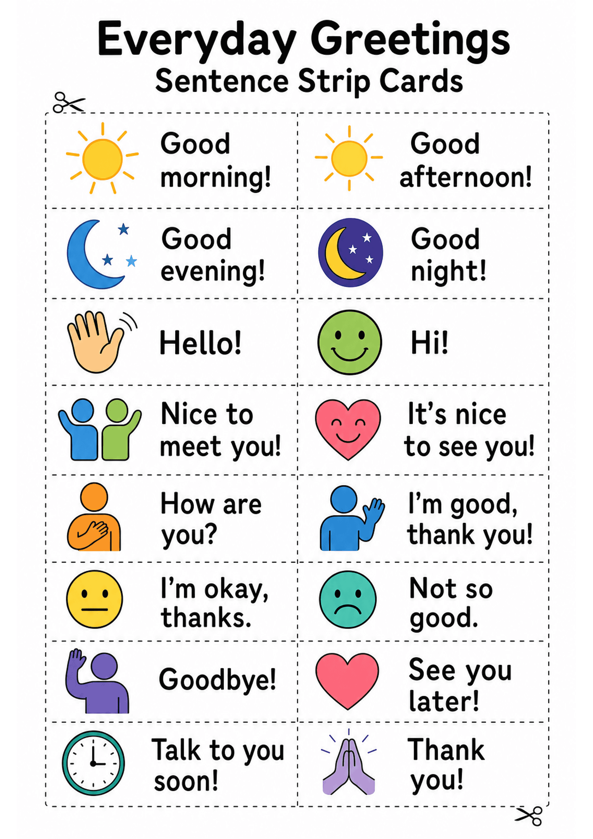 Everyday Greetings Sentence Strip Cards: Portrait A4 with large title 'Everyday Greetings Sentence Strip Cards'; two columns of rectangular cards separated by dashed cut lines; each card shows a coloured icon (sun, moon, waving hand, smiley face, heart, people, clock, praying hands, etc.) alongside a short phrase (e.g. 'Good morning!', 'Hello!', 'How are you?', 'I'm okay, thanks.'); roughly 16 individual cards; low text density, large sans-serif font.