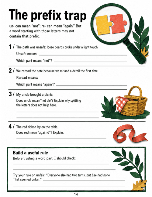 An unsafe path, rereading and uncle/red counterexamples help learners test prefix claims.