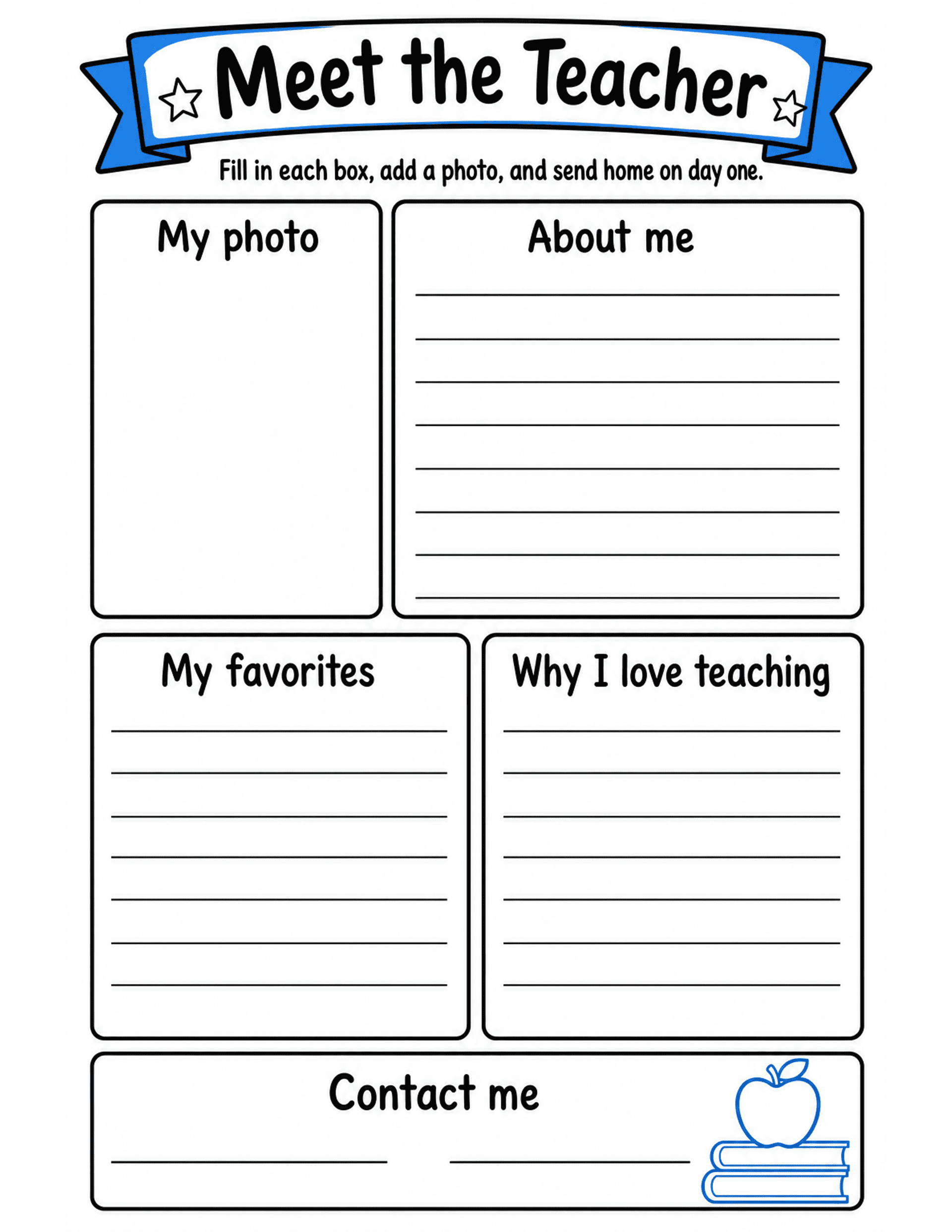 US Letter K-2 printable: Meet the Teacher. Fill-in meet-the-teacher newsletter template with photo box and favorites.