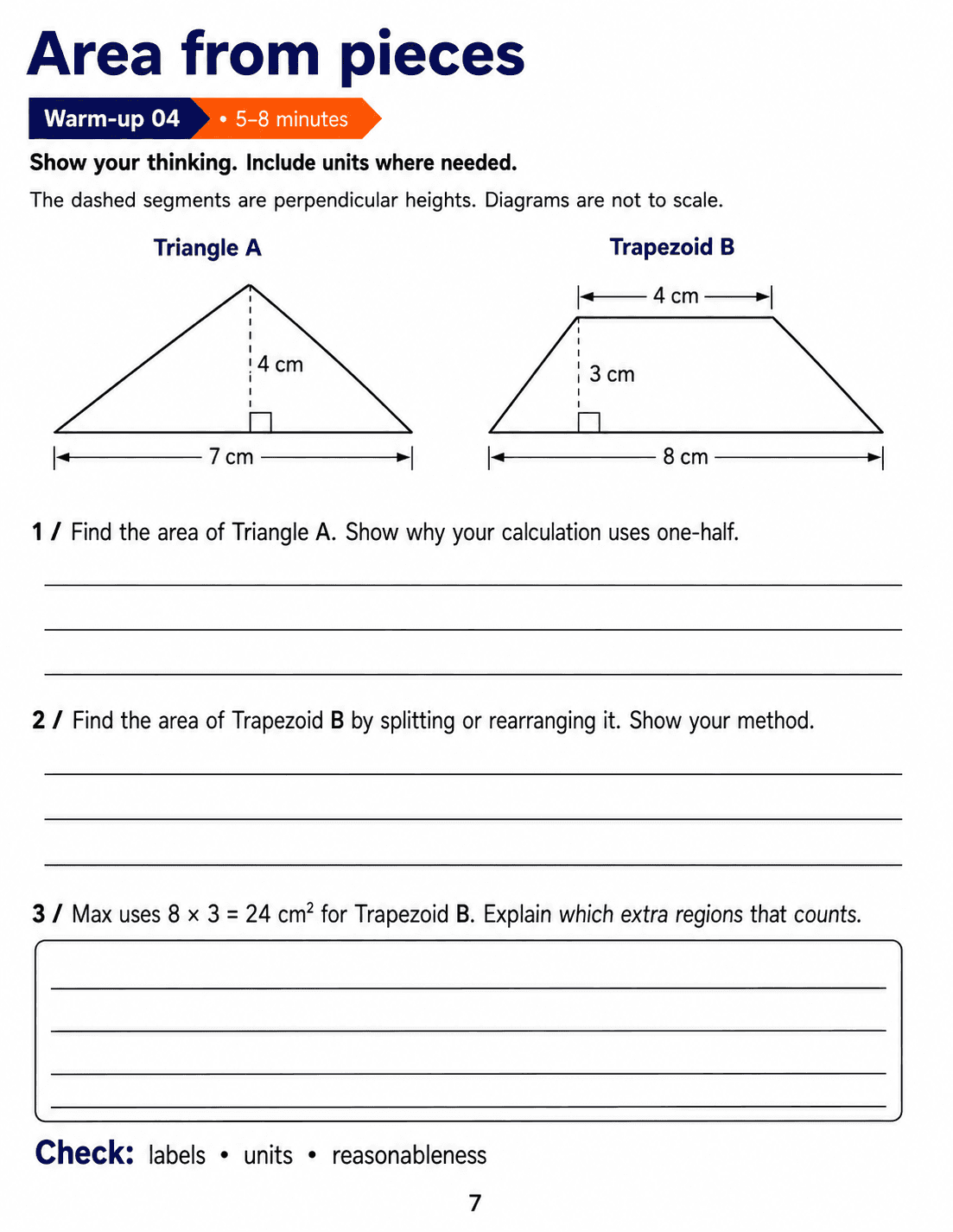 Area from pieces: Grade 6 math warm-up. Calculate areas from labelled dimensions and explain why an enclosing rectangle overcounts a trapezoid. Includes three numbered tasks and space to explain reasoning.