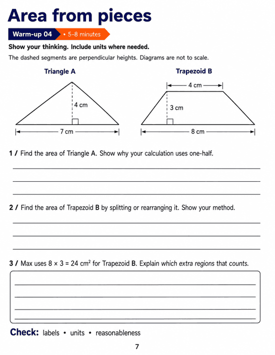 Area from pieces: Grade 6 math warm-up. Calculate areas from labelled dimensions and explain why an enclosing rectangle overcounts a trapezoid. Includes three numbered tasks and space to explain reasoning.