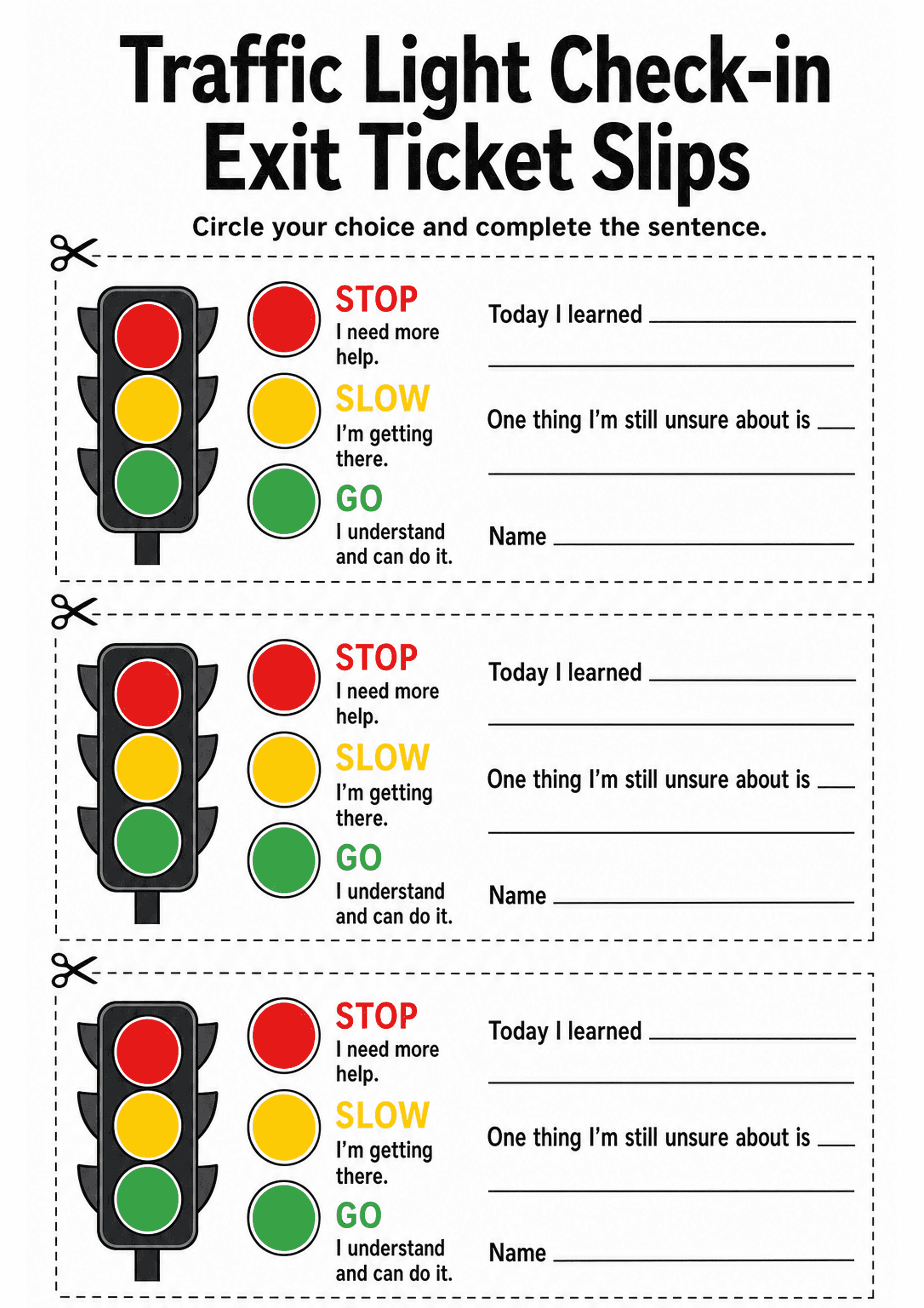 Traffic Light Check-in Exit Ticket Slips: A repeated A4 strip layout with dashed cut lines; left side shows a vertical traffic-light icon and three separate coloured circles (red, yellow, green) each labelled with a single-word heading and a one-line descriptor (STOP: 'I need more help.' SLOW: 'I'm getting there.' GO: 'I understand and can do it.'). Right side has short prompt text and ruled lines: 'Today I learned ______' (two short lines), 'One thing I'm still unsure about is ___' (one or two...