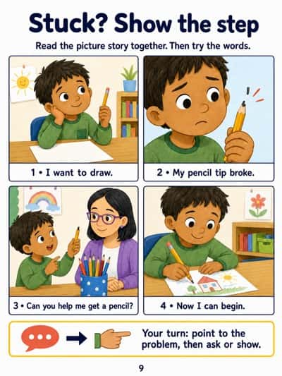 A four-panel story about a broken pencil, asking for help and starting a drawing.