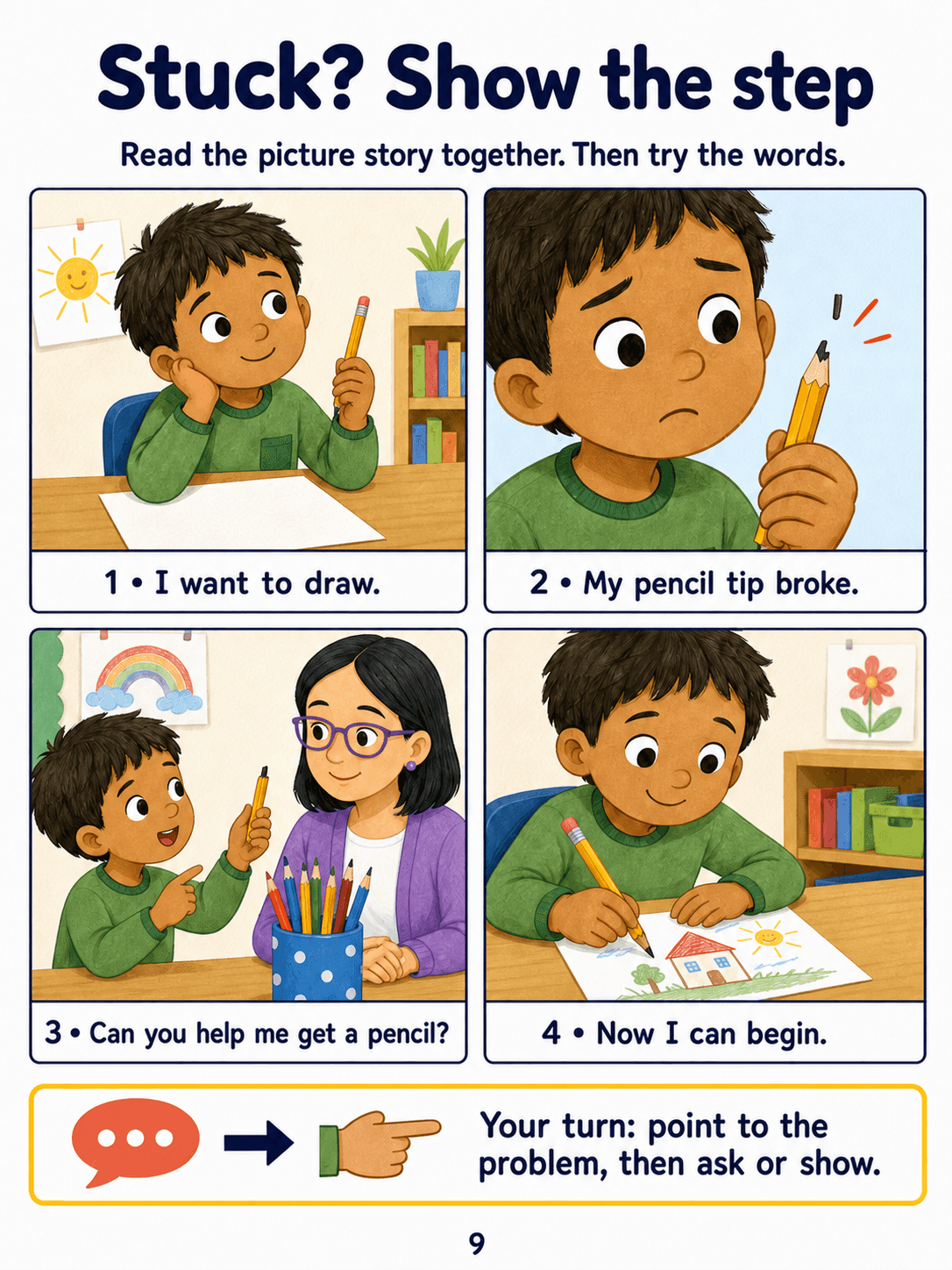 A four-panel story about a broken pencil, asking for help and starting a drawing.