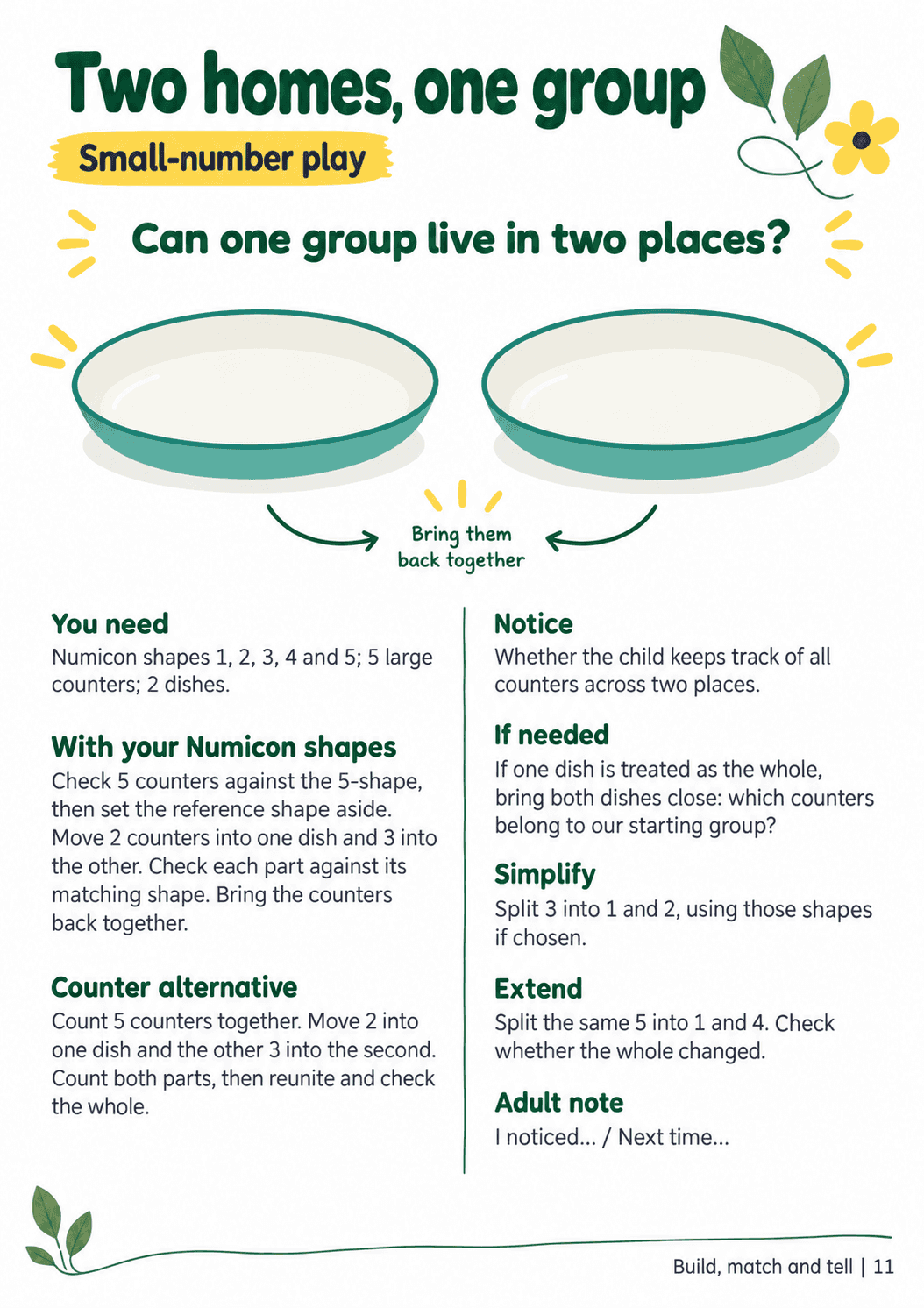 A4 adult guide, “Two homes, one group”, with material lists, Numicon and counter routes, checking prompts and space for a brief adult note.