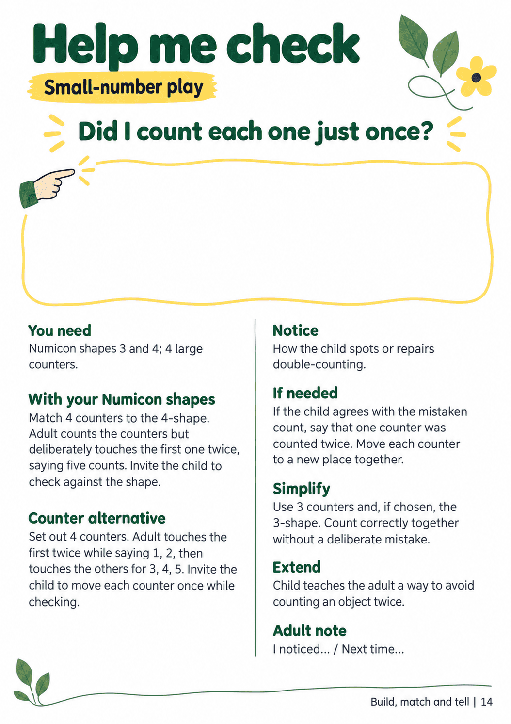 A4 adult guide, “Help me check”, with material lists, Numicon and counter routes, checking prompts and space for a brief adult note.