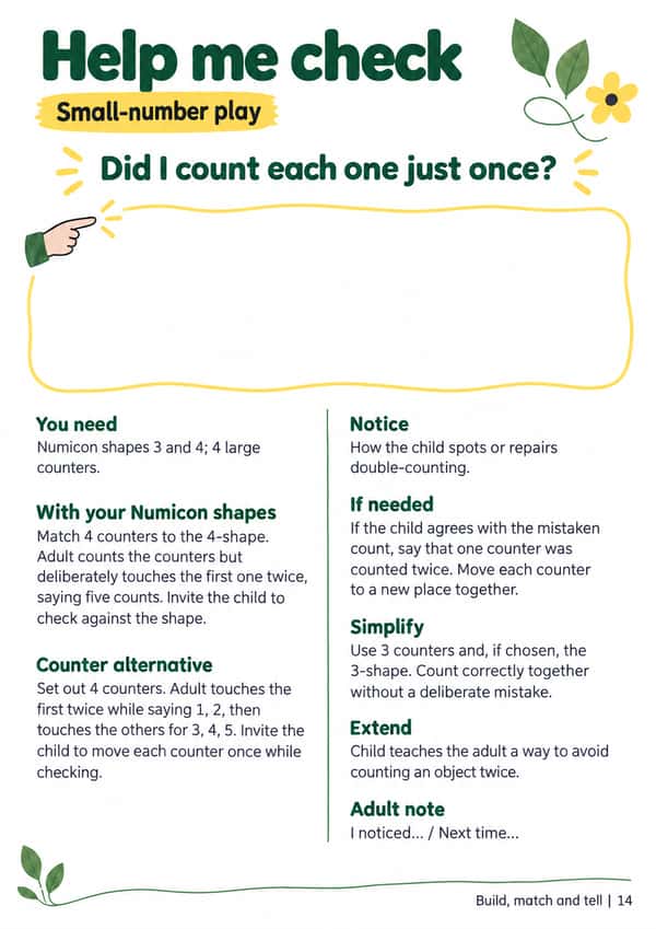A4 adult guide, “Help me check”, with material lists, Numicon and counter routes, checking prompts and space for a brief adult note.