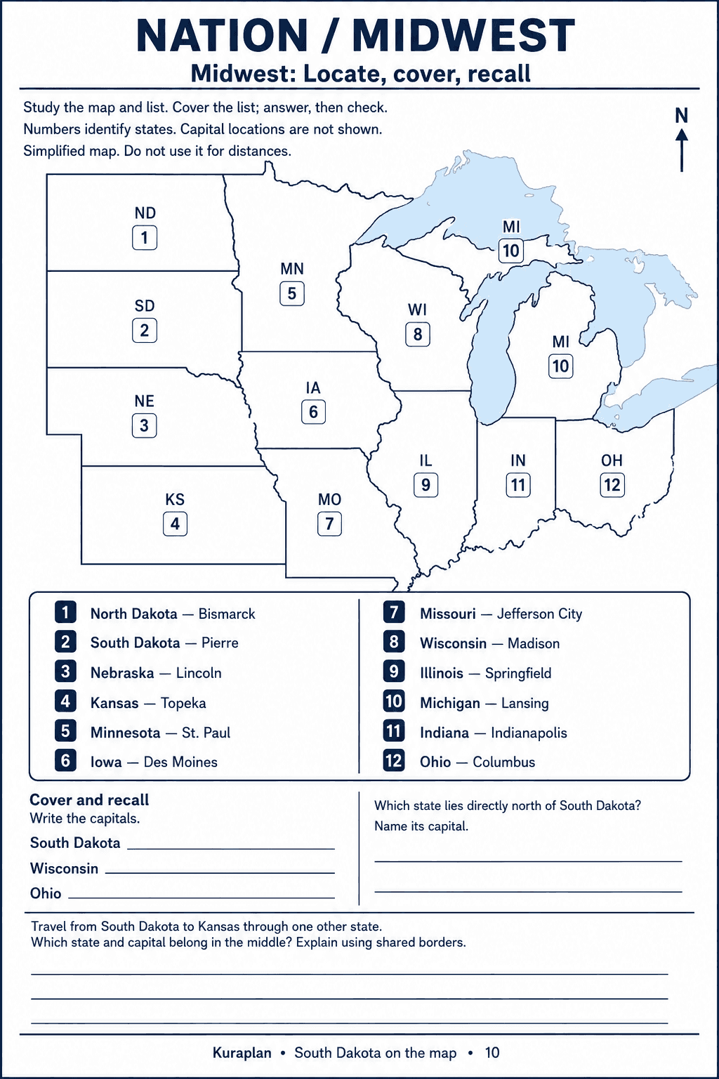 A numbered Midwest map with twelve state-capital pairs and blank recall and border-reasoning prompts.