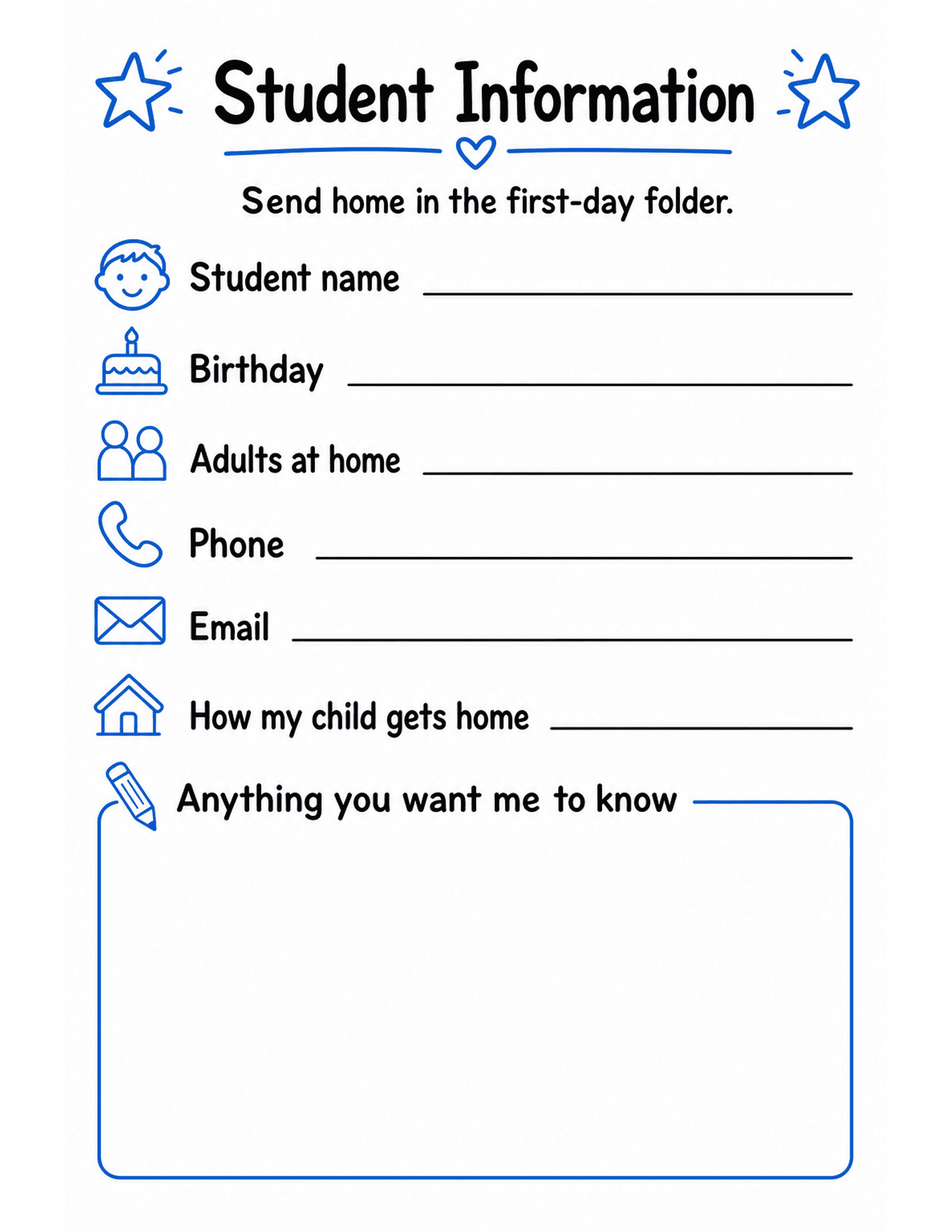 US Letter K-2 printable: Student Information. Per-student information form: student, birthday, adults at home, pickup, notes.
