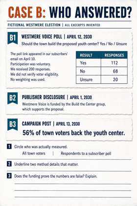 Poll table with 112 yes, 68 no and 20 unsure responses beside recruitment notes and three questions.