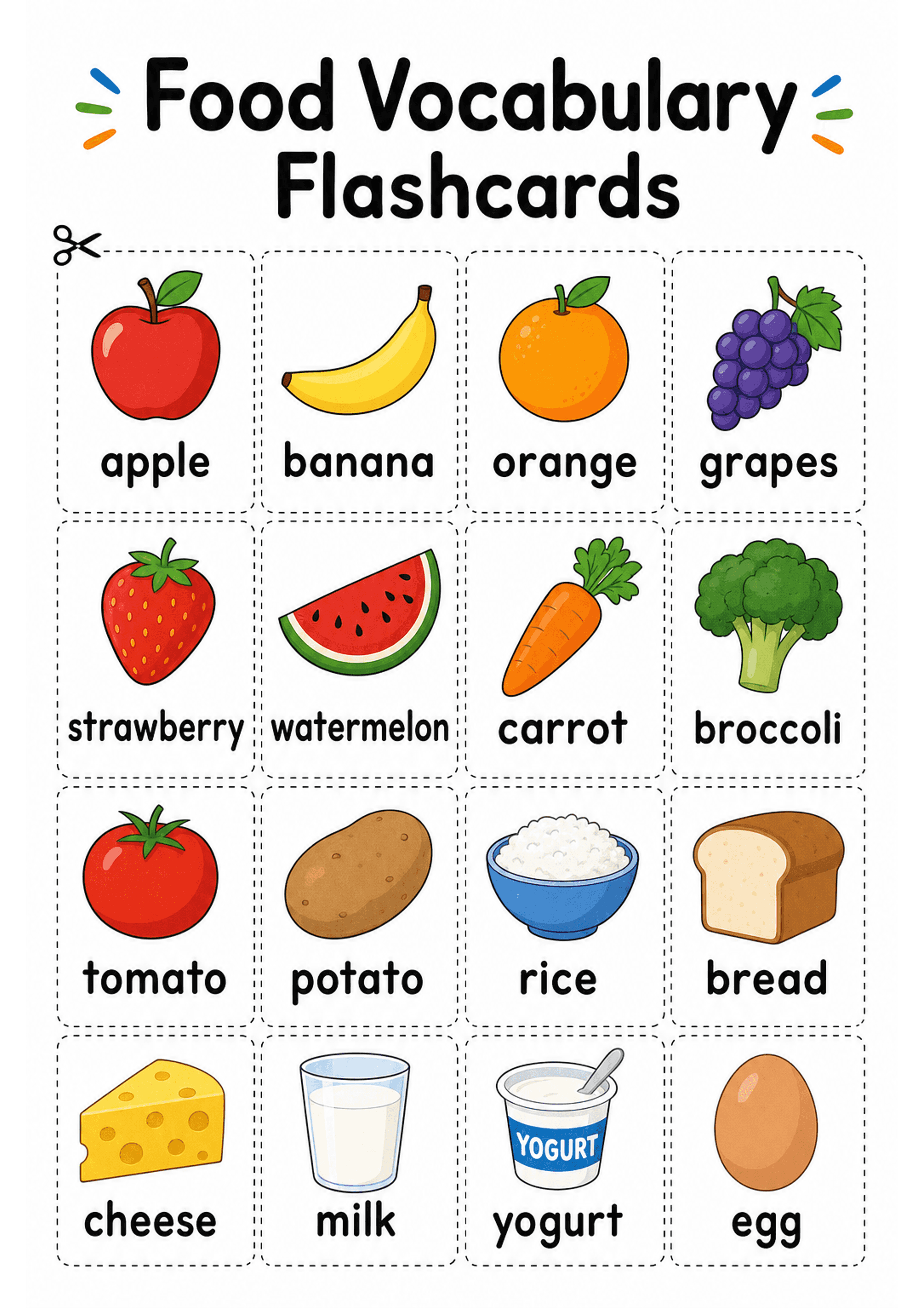 Food Vocabulary Flashcards: Portrait A4 sheet with large title 'Food Vocabulary Flashcards' at top; a grid of 16 rectangular cards with dashed cut lines and a scissor icon. Each card shows a colourful clip-art image (apple, banana, orange, grapes, strawberry, watermelon, carrot, broccoli, tomato, potato, rice, bread, cheese, milk, yogurt, egg) and a single lowercase noun label centred beneath the image in a bold rounded font; even spacing and clear margins.