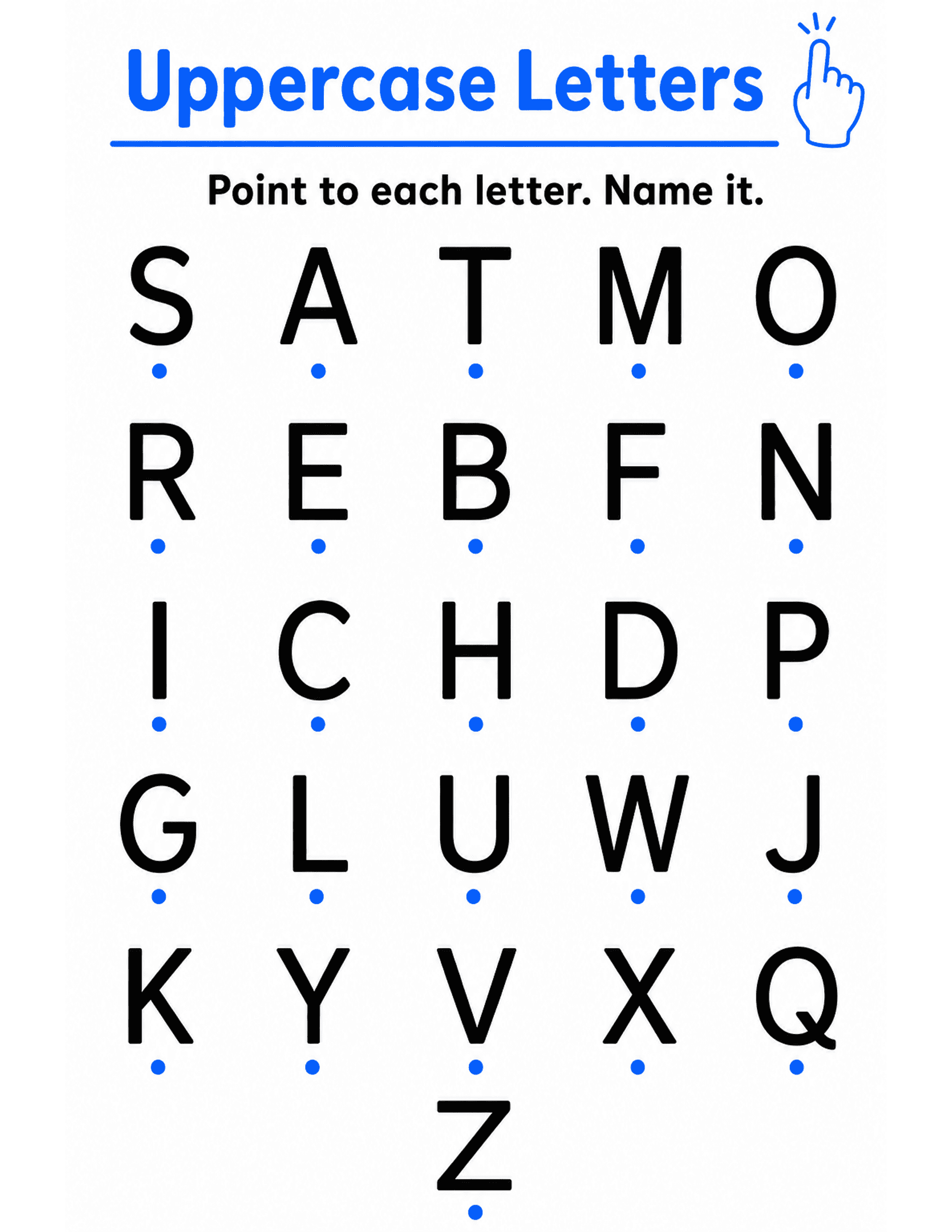 US Letter K-2 printable: Uppercase Letters. Student card: all 26 uppercase letters in scrambled order for letter ID checks.