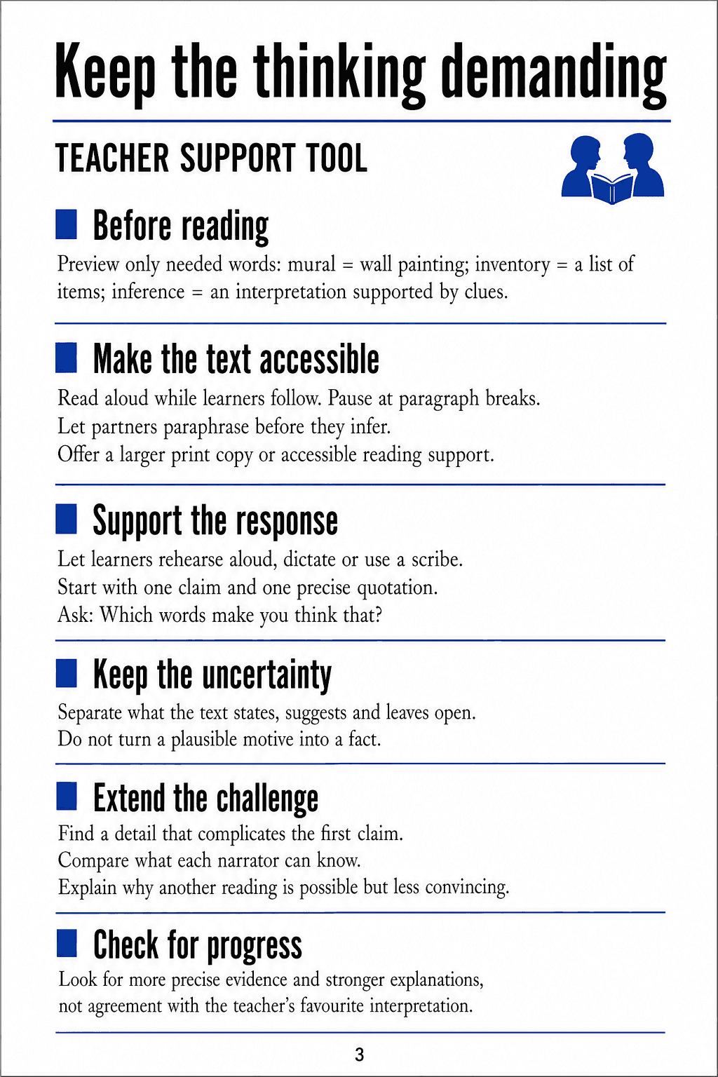 Six teacher guidance sections on vocabulary, access, response support, uncertainty, extension and progress.