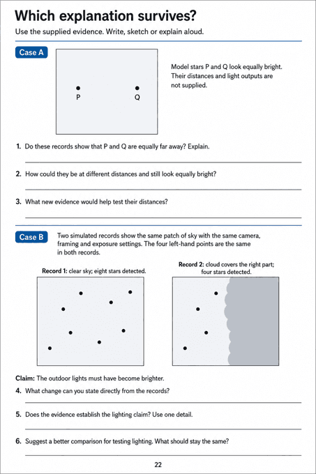 Which explanation survives?. Evaluate equal-brightness and simulated sky-record claims, distinguish a cloud confound from proof about lighting, and propose a controlled comparison.