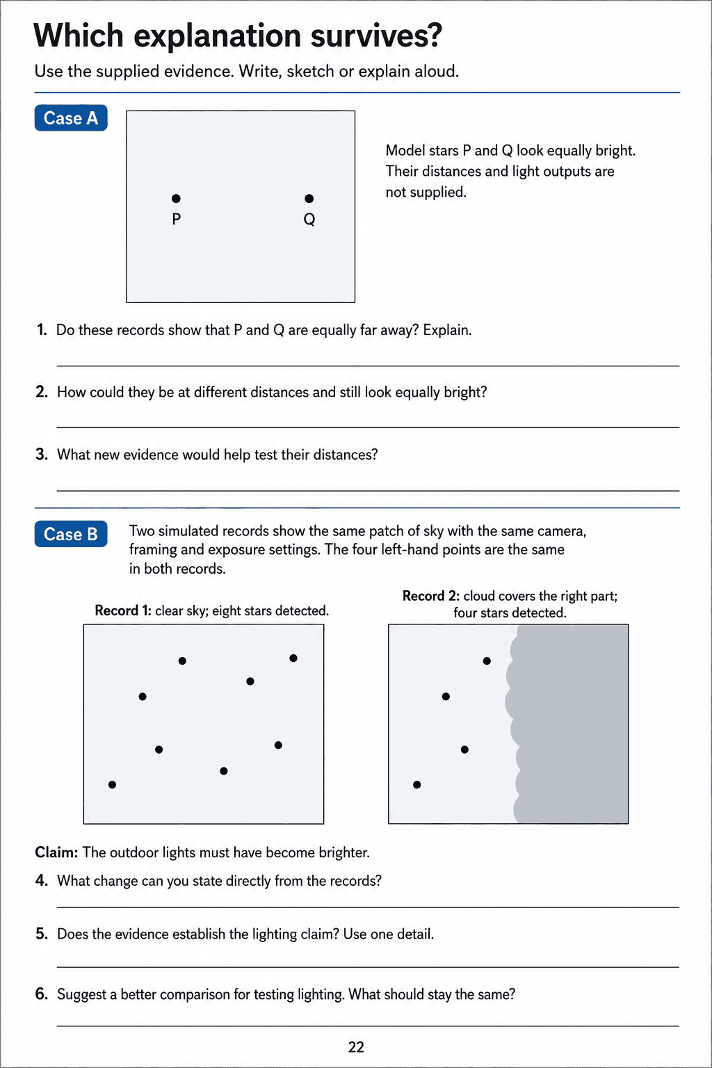 Which explanation survives?. Evaluate equal-brightness and simulated sky-record claims, distinguish a cloud confound from proof about lighting, and propose a controlled comparison.