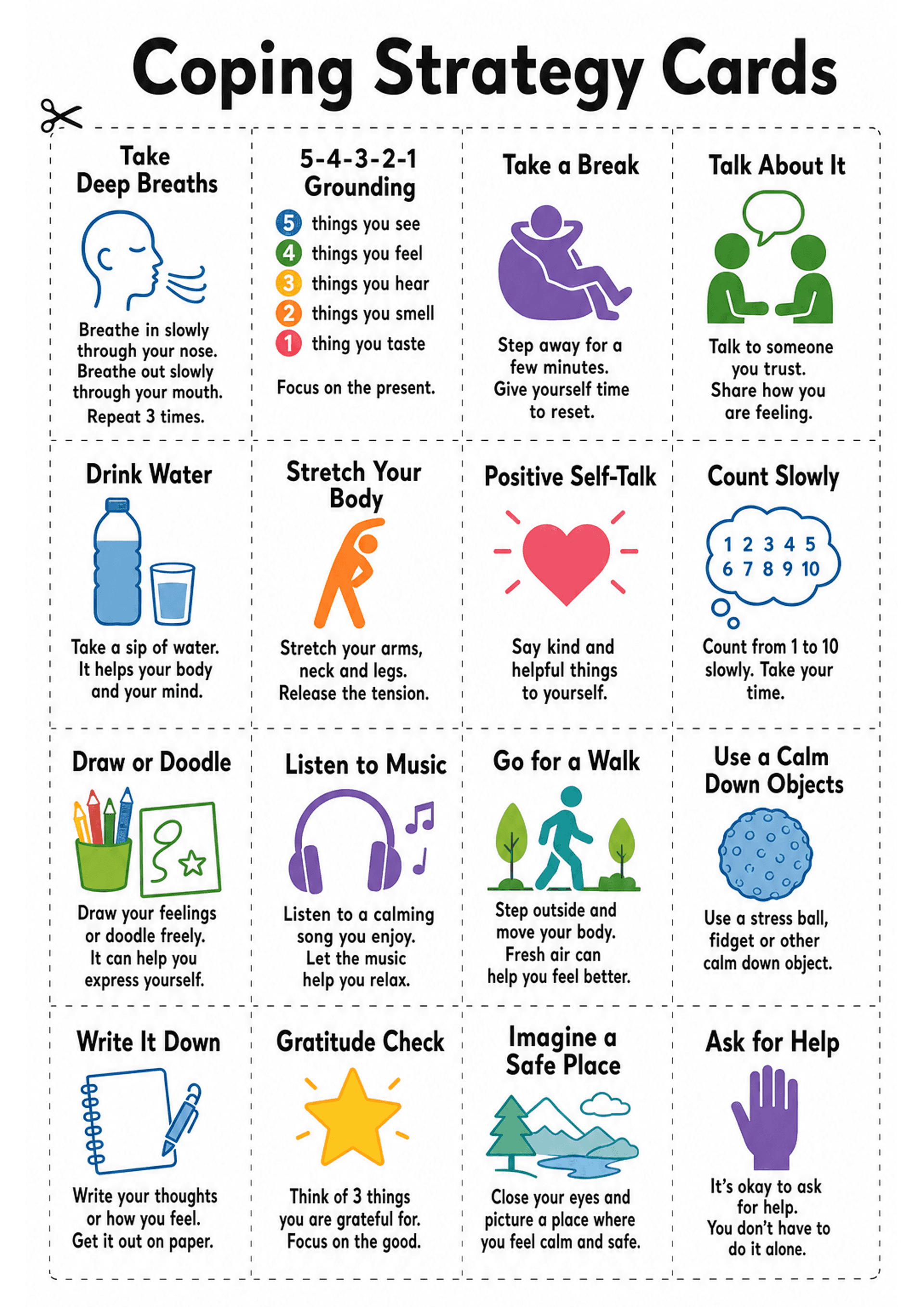 Coping Strategy Cards: A titled A4 portrait sheet with dashed cut lines forming a grid of small rectangular cards (approx. 20 cards: 4 columns × 5 rows). Each card has a bold heading, a coloured icon, and 1–3 lines of instructional text (e.g. 'Breathe in slowly through your nose. Breathe out slowly through your mouth. Repeat 3 times.'); one card shows a coloured 5-4-3-2-1 list for grounding. Text size is moderate and icons are colour-coded and simple.