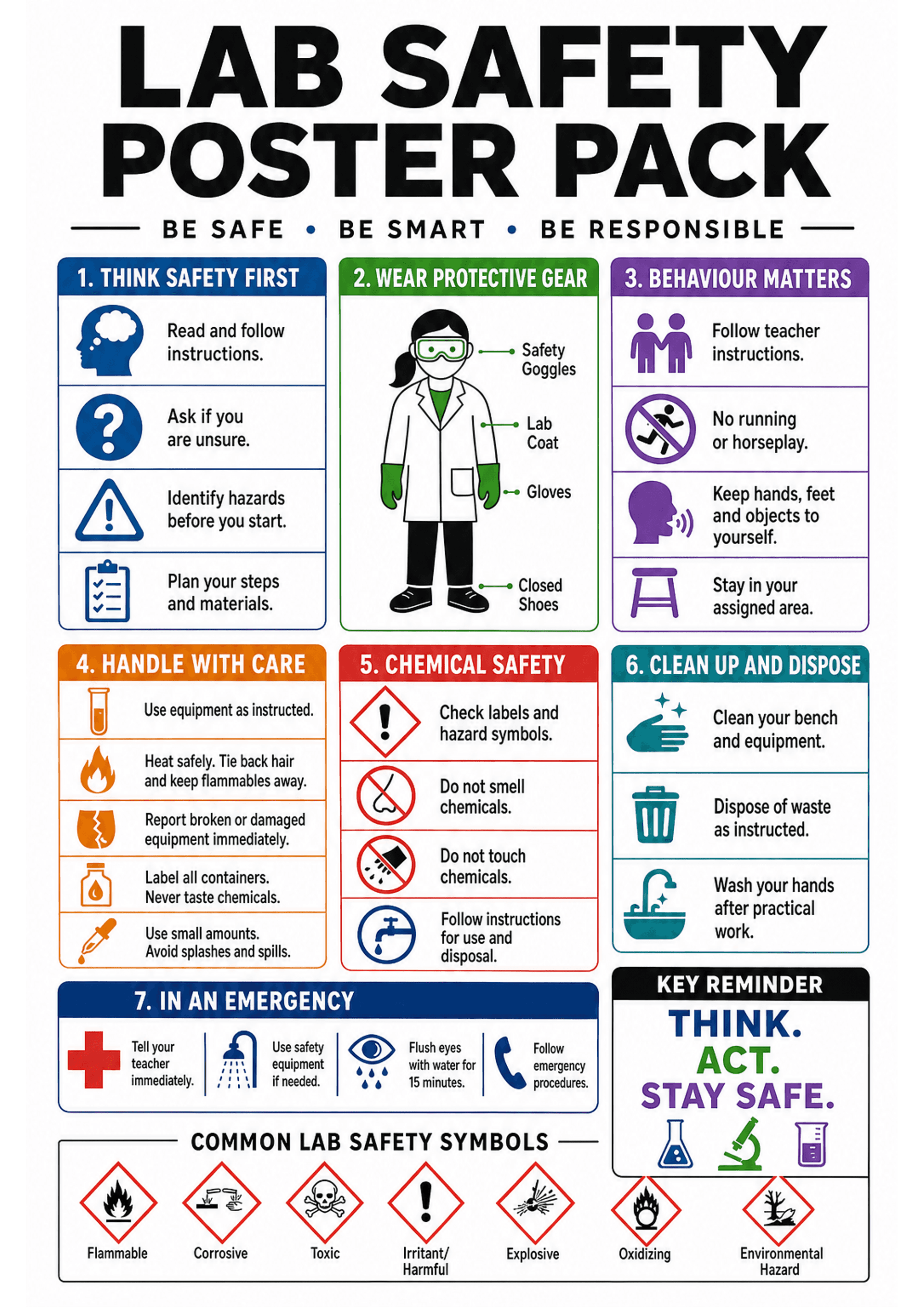 Lab Safety Poster Pack: A single A4 portrait poster with a large title 'LAB SAFETY POSTER PACK', a tagline 'Be safe • Be smart • Be responsible', and colour-coded numbered boxes: 1 Think Safety First (four short bullets with icons), 2 Wear Protective Gear (central illustrated figure with labelled goggles, lab coat, gloves, closed shoes), 3 Behaviour Matters (four bullets with icons), 4 Handle With Care (bulleted safety tips with icons), 5 Chemical Safety (hazard icons and short rules), 6 Clean...