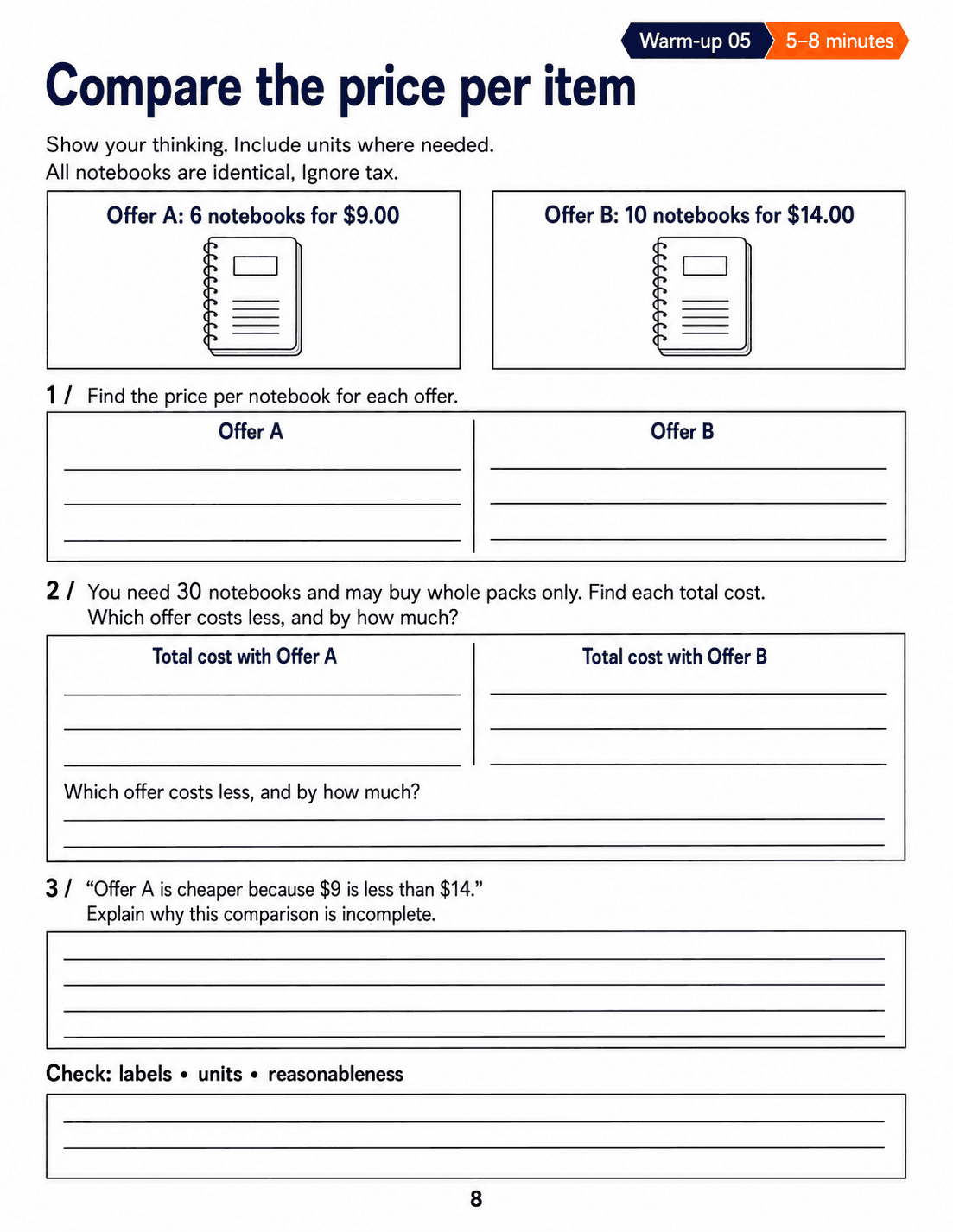 Compare the price per item: Grade 6 math warm-up. Find the cost per notebook for two offers, compare whole-pack purchases and explain why pack prices alone are insufficient. Includes three numbered tasks and space to explain reasoning.