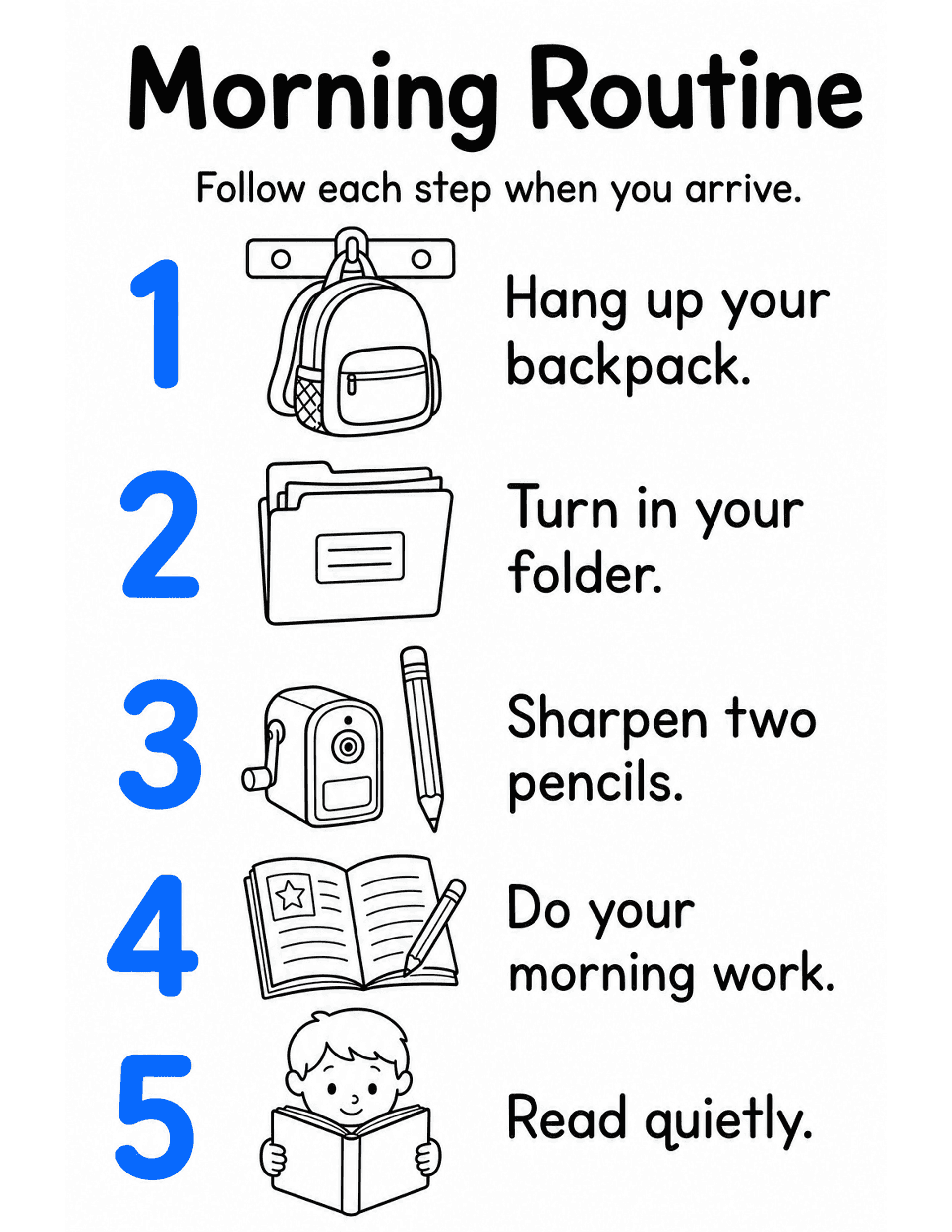 US Letter K-2 printable: Morning Routine. Morning arrival routine checklist poster with five icon steps.