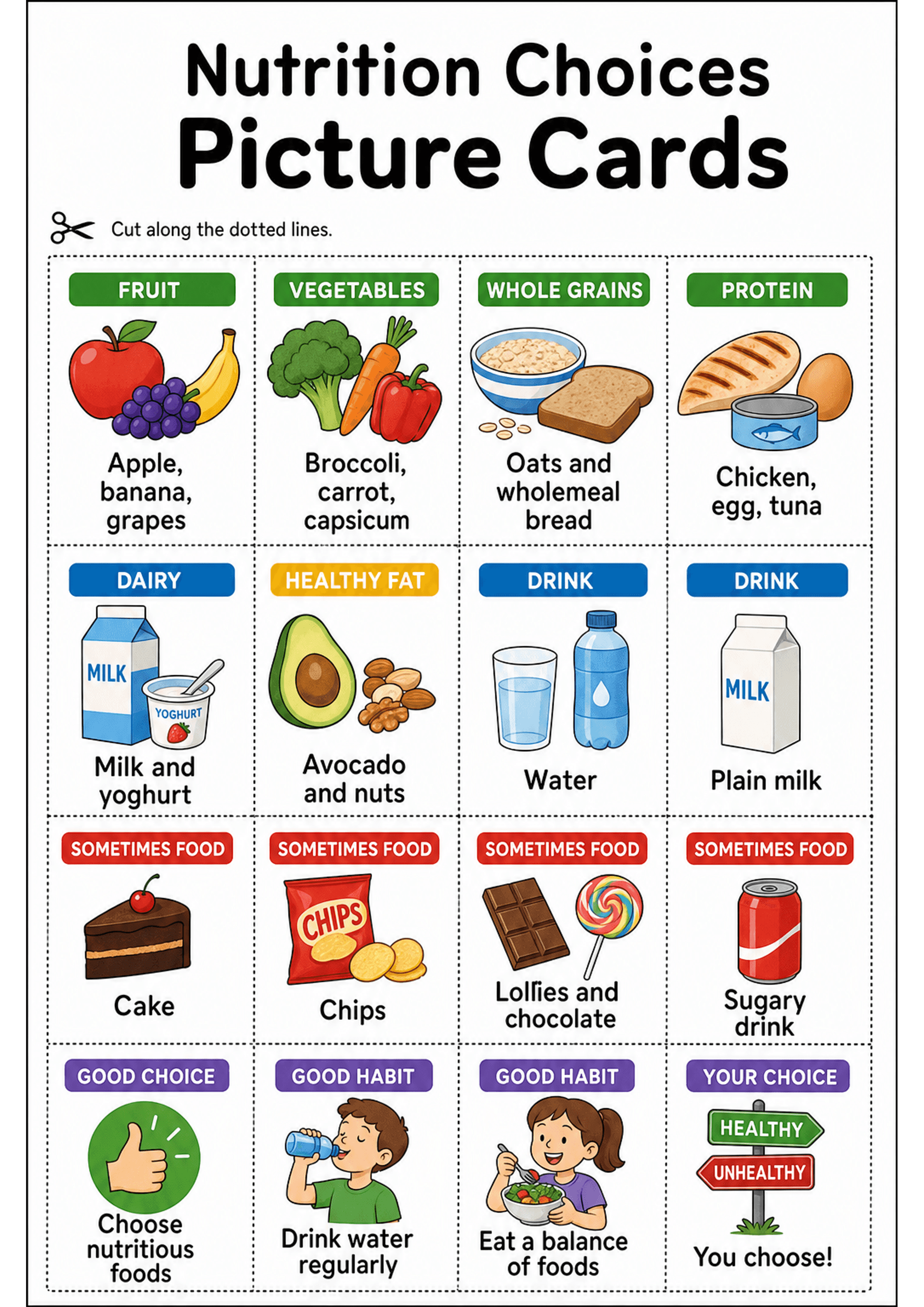 Nutrition Choices Picture Cards: A single A4 sheet with a large title 'Nutrition Choices Picture Cards' and dotted cut lines dividing the page into rectangular cards. Coloured header labels (e.g., FRUIT, VEGETABLES, WHOLE GRAINS, PROTEIN, DAIRY, HEALTHY FAT, DRINK, SOMETIMES FOOD, GOOD CHOICE/HABIT/YOUR CHOICE). Each card contains a large, child-friendly illustration and 1–3 line example text (e.g., 'Apple, banana, grapes', 'Oats and wholemeal bread', 'Cake', 'Sugary drink'). Low text density a...