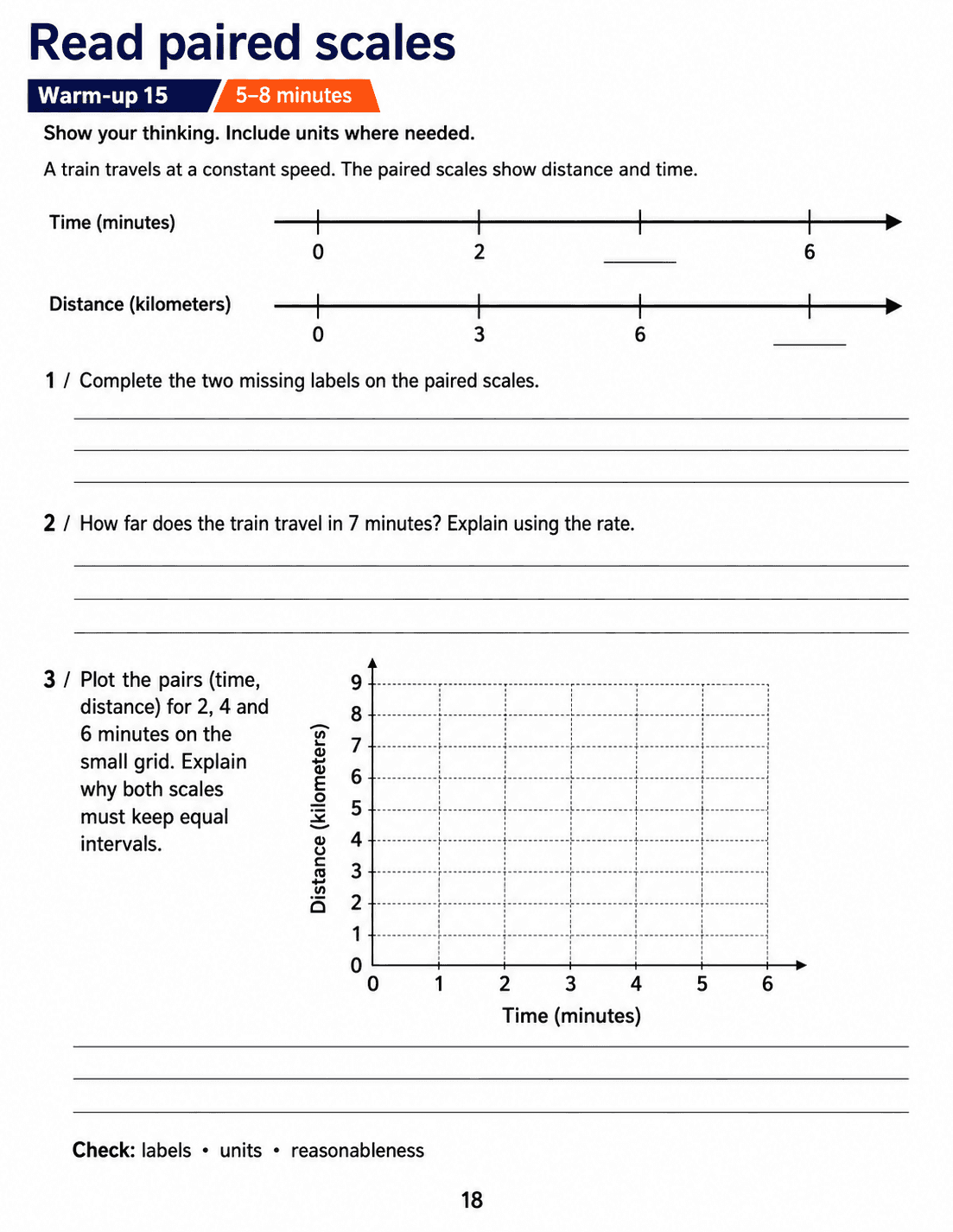 Read paired scales: Grade 6 math warm-up. Complete time and distance labels on paired number lines, predict a travel distance and plot corresponding ordered pairs. Includes three numbered tasks and space to explain reasoning.