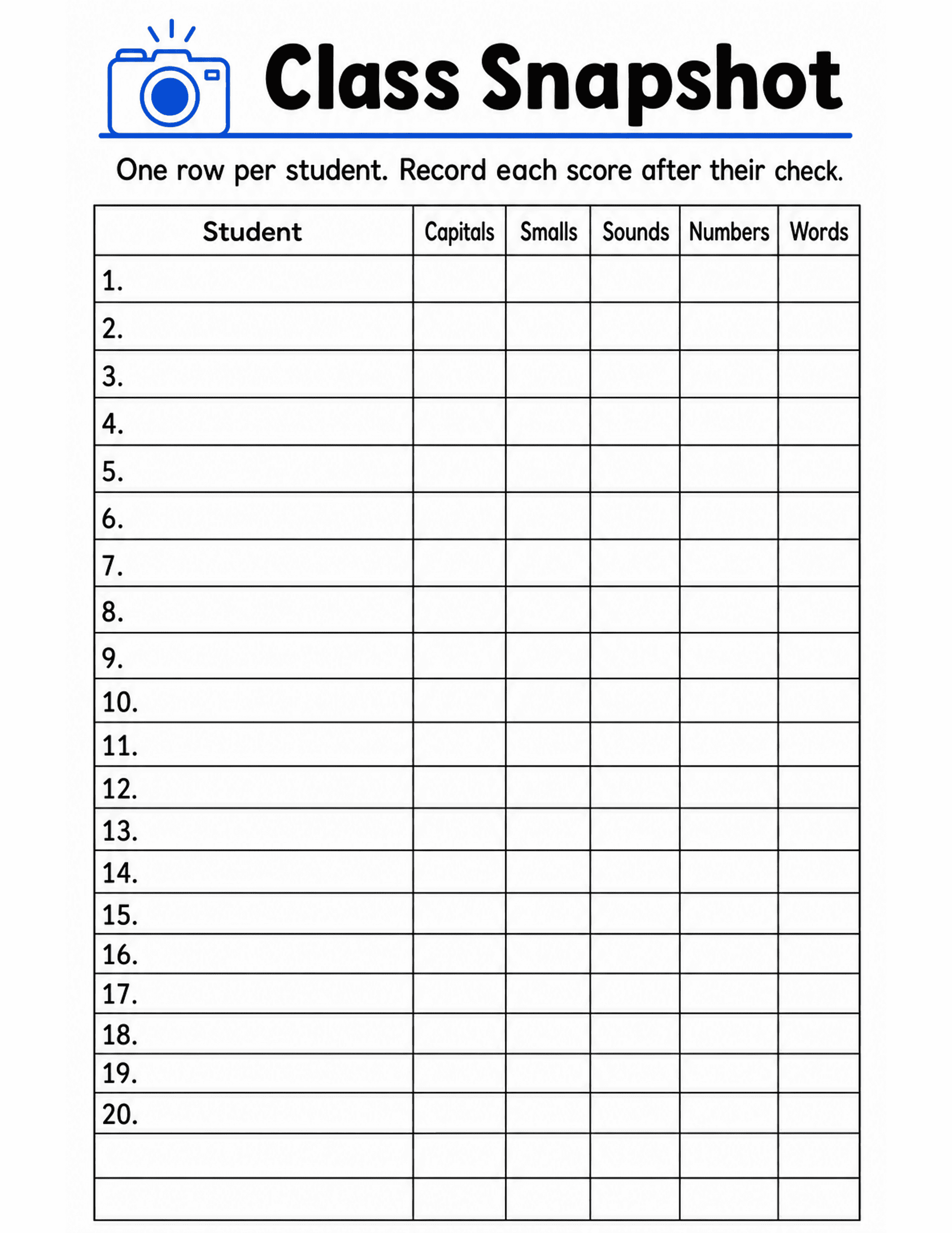 US Letter K-2 printable: Class Snapshot. Whole-class baseline summary grid: letters, sounds, numbers, words per student.
