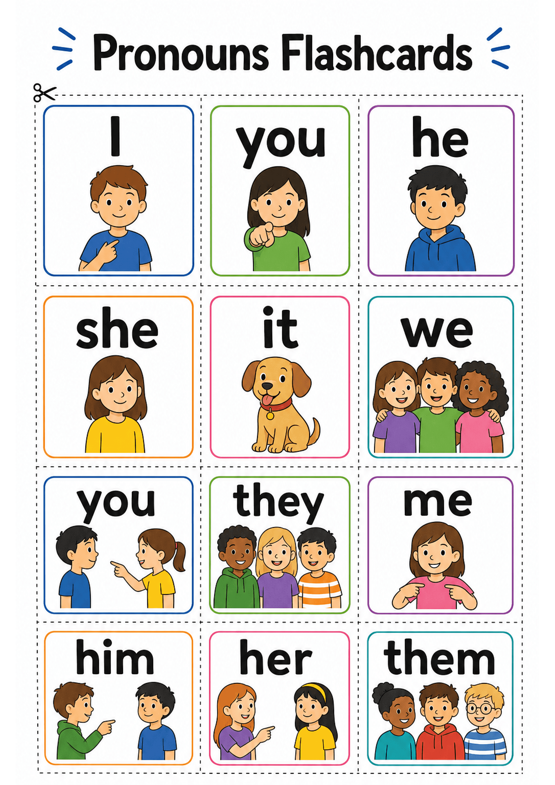 Pronouns Flashcards: Portrait A4 title 'Pronouns Flashcards' at top; a 3-column grid of rectangular cards separated by dashed cut lines, each card containing a large bold pronoun word at the top, a coloured thin border, and a single cartoon illustration depicting the pronoun (children pointing, groups, a dog for 'it', etc.). Low text density (one word per card) and repeated pronouns across the sheet.