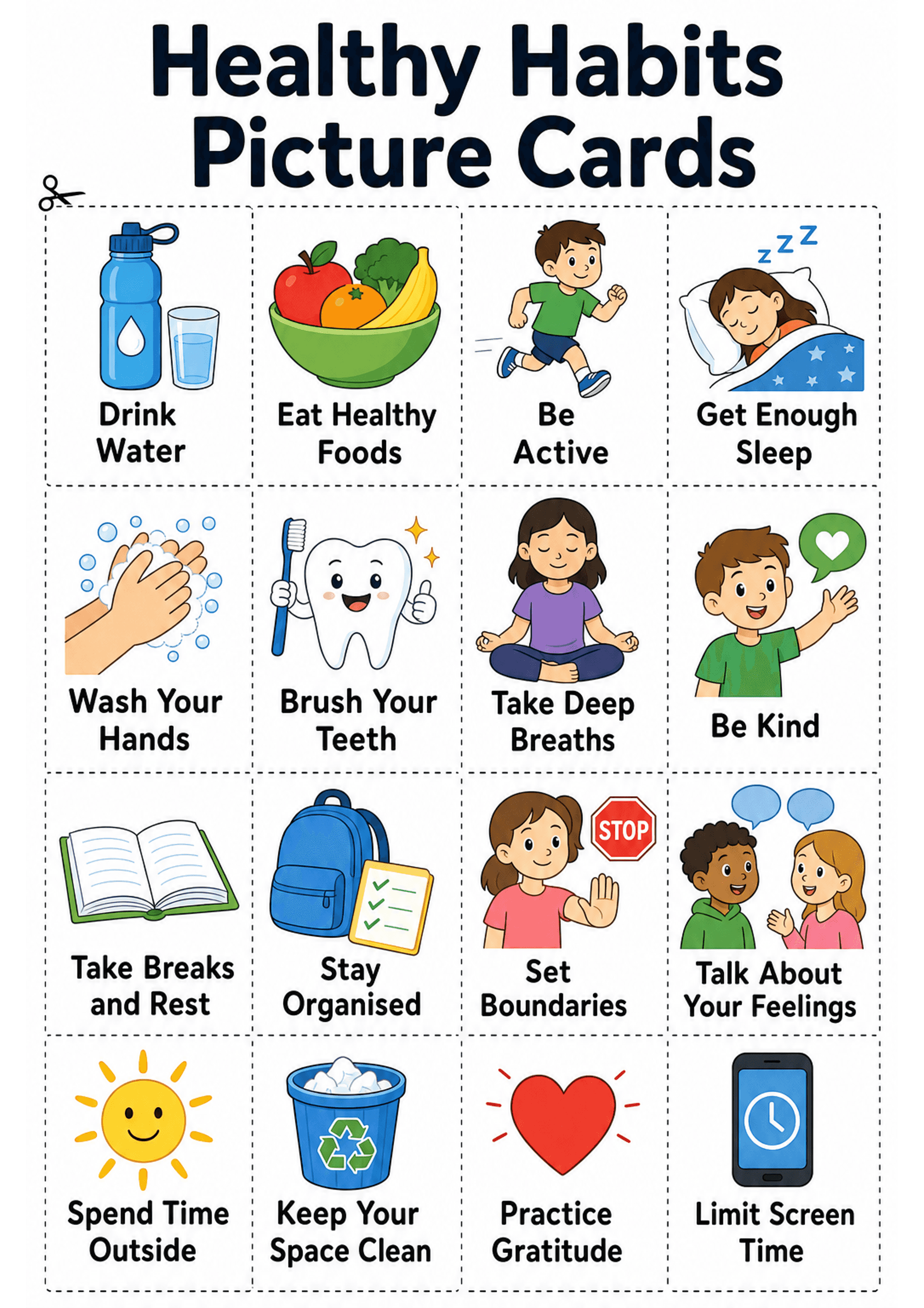 Healthy Habits Picture Cards: A4 portrait page with a large title 'Healthy Habits Picture Cards' and a grid of rectangular cards separated by dashed cut lines; each card shows a colourful cartoon icon above a short label (examples: 'Drink Water', 'Eat Healthy Foods', 'Be Active', 'Get Enough Sleep', 'Wash Your Hands', 'Brush Your Teeth', 'Take Deep Breaths', 'Be Kind', 'Take Breaks and Rest', 'Stay Organised', 'Set Boundaries', 'Talk About Your Feelings', 'Spend Time Outside', 'Keep Your Space...