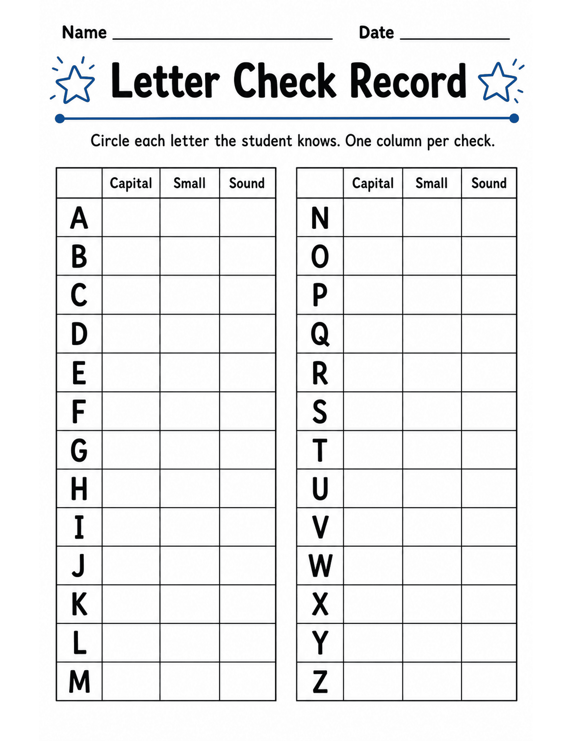 US Letter K-2 printable: Letter Check Record. Teacher recording sheet: A to Z grid with columns for uppercase, lowercase, and sound.