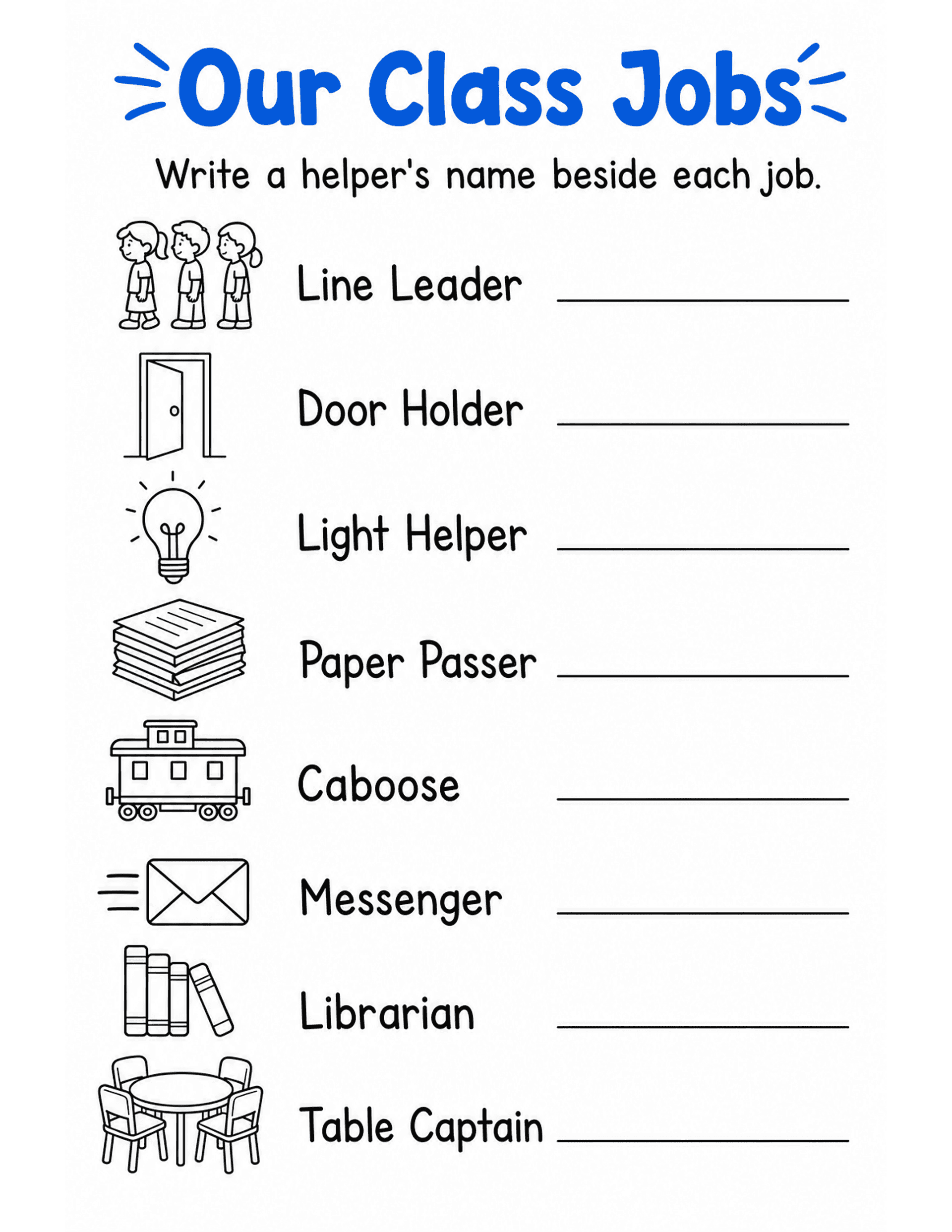 US Letter K-2 printable: Our Class Jobs. Classroom jobs chart with eight job rows and blank name lines.