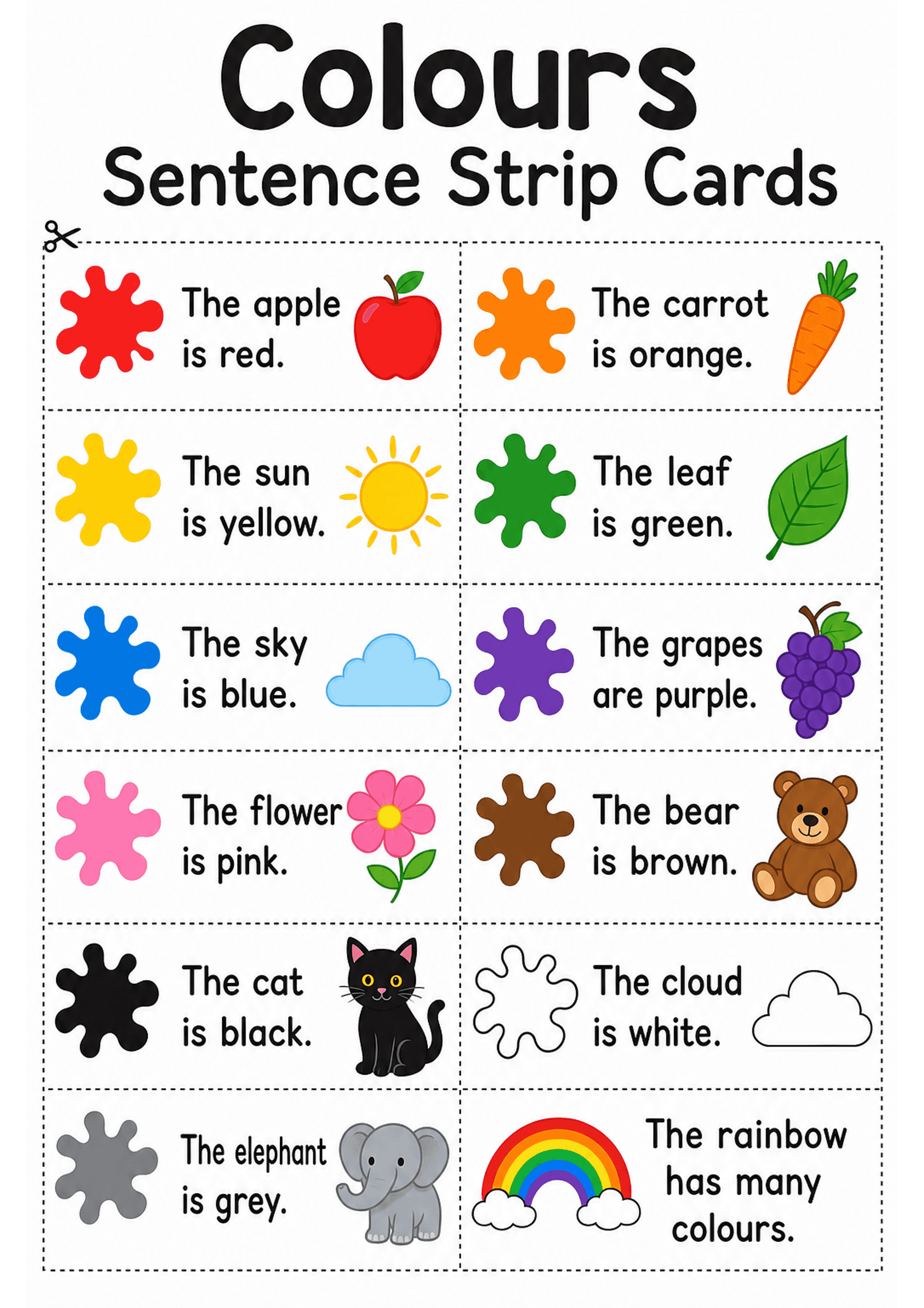 Colours Sentence Strip Cards: A4 portrait with large title 'Colours Sentence Strip Cards' at top; a two-column grid of horizontal cards separated by dotted cut lines and a scissor icon. Each card shows a coloured paint-splash icon (left), a short sentence in large clear black font in the centre-left (two lines max), and a coloured clip-art object on the right (apple, carrot, sun, leaf, cloud, grapes, bear, cat, elephant, rainbow, etc.). The bottom-most row includes a sentence about a rainbow th...