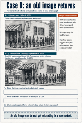 Two matching queue illustrations; the wider archive view reveals a food-fair sign and older date.