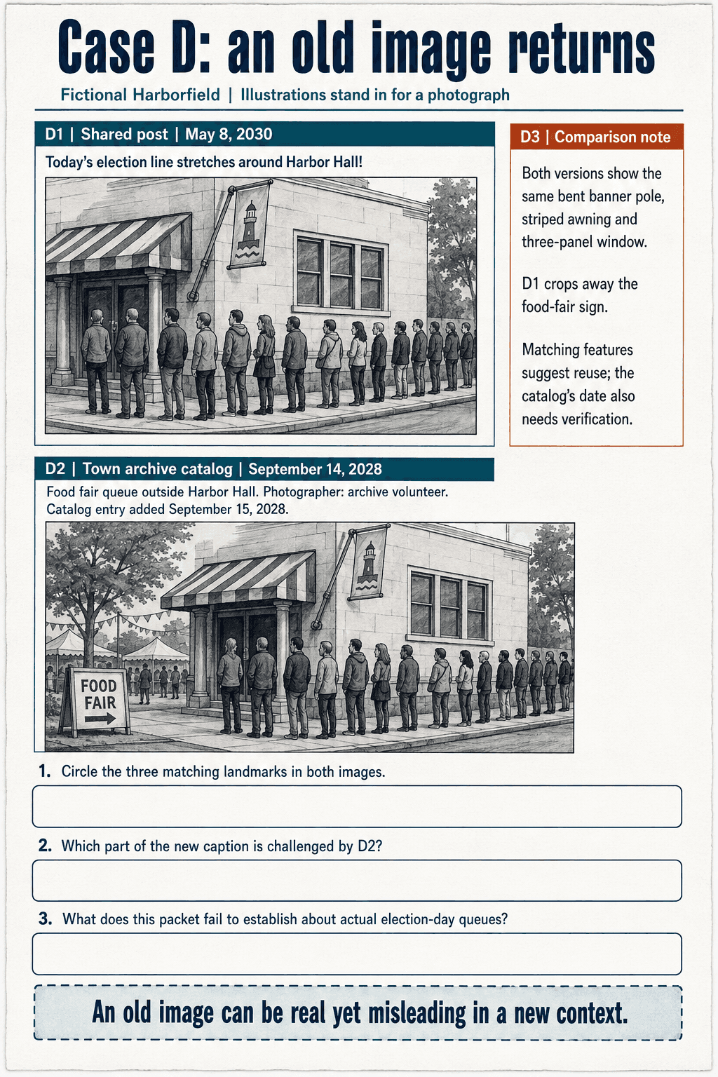 Two matching queue illustrations; the wider archive view reveals a food-fair sign and older date.