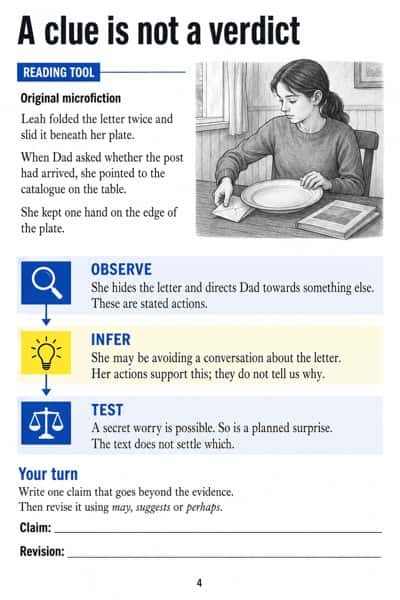 A short fictional letter scene with observation, inference and testing examples, followed by blank claim and revision lines.