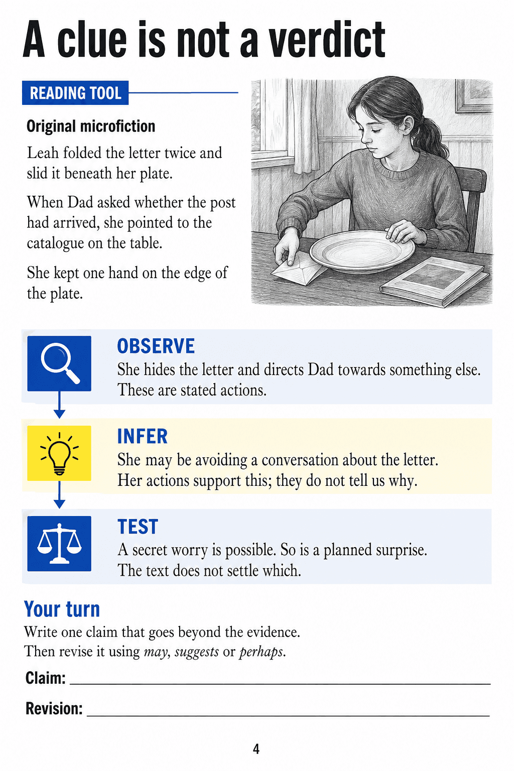 A short fictional letter scene with observation, inference and testing examples, followed by blank claim and revision lines.